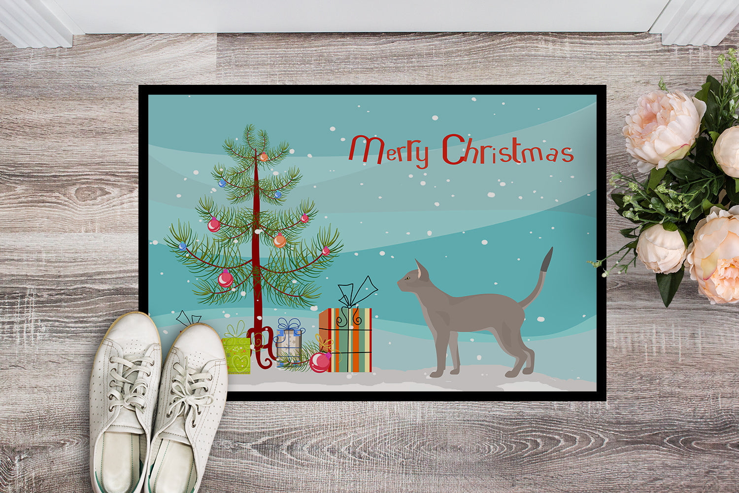 Blue Abyssinian Cat Christmas Doormat Indoor Outdoor 24H X 36W Front Door Mat Rugs for Entryway, Non Slip Washable Low Pile,