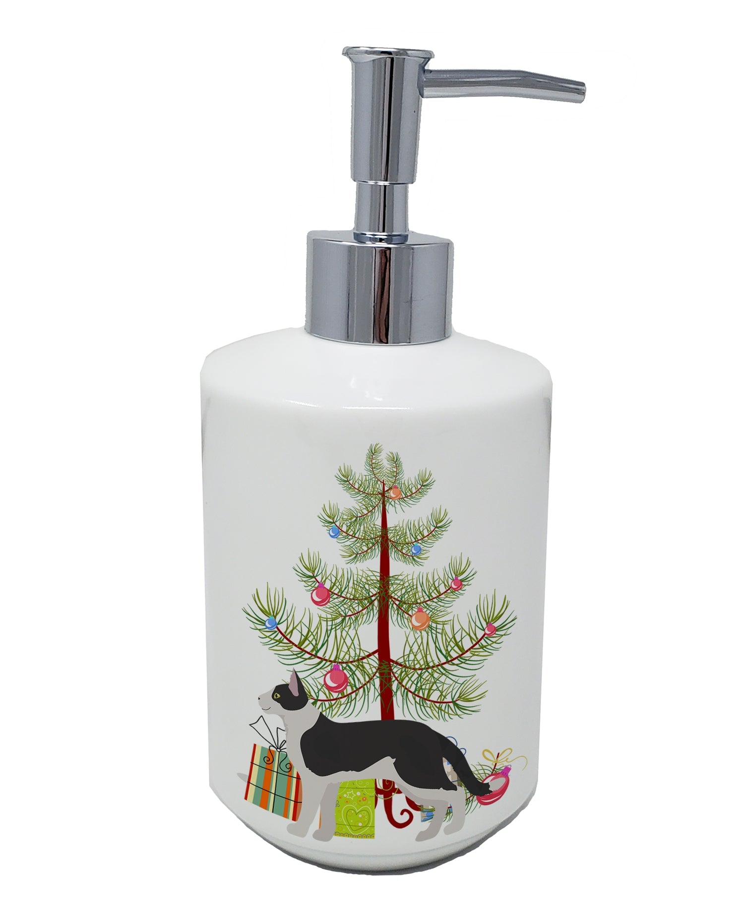 Bicolour Aegean Cat Christmas Ceramic Soap Dispenser , Empty Refillable Hand Soap Pump Bottle for Bathroom Kitchen