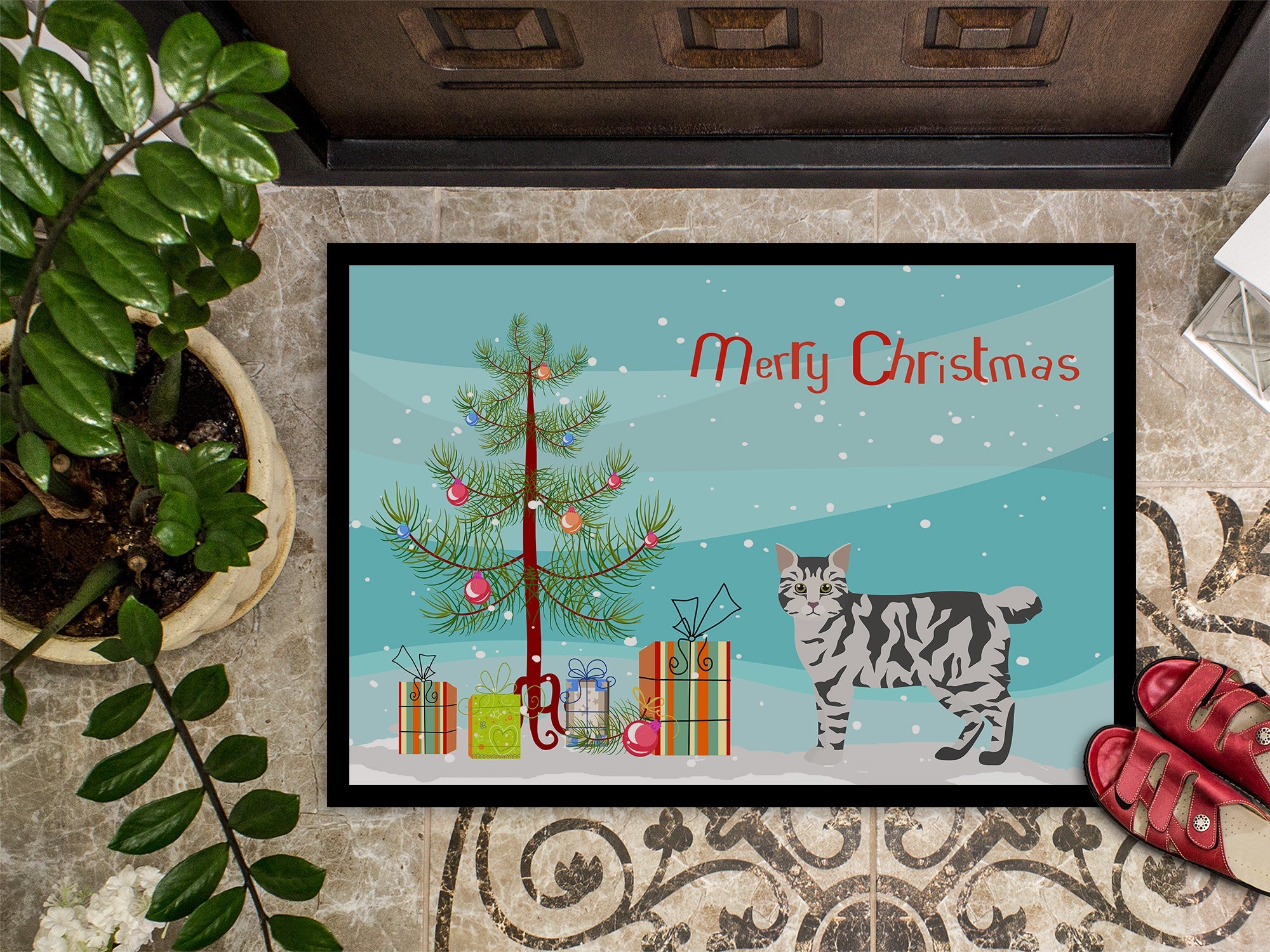 American Bobtail Cat Christmas Doormat Indoor Outdoor 18H X 27W Front Door Mat Rugs for Entryway, Non Slip Washable