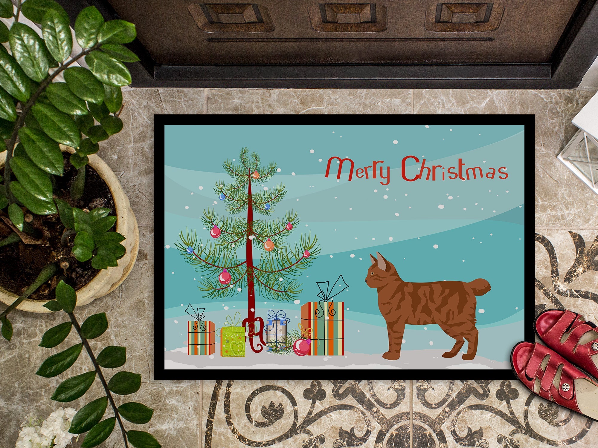 American Bobtail Cat Christmas Doormat Indoor Outdoor 24H X 36W Front Door Mat Rugs for Entryway, Non Slip Washable Low Pile,