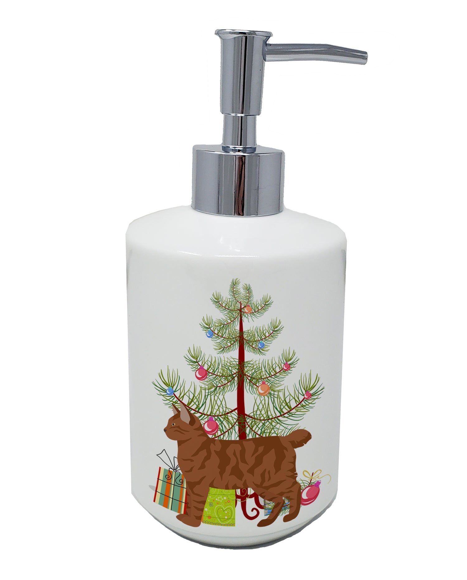 American Bobtail Cat Christmas Ceramic Soap Dispenser , Empty Refillable Hand Soap Pump Bottle for Bathroom Kitchen