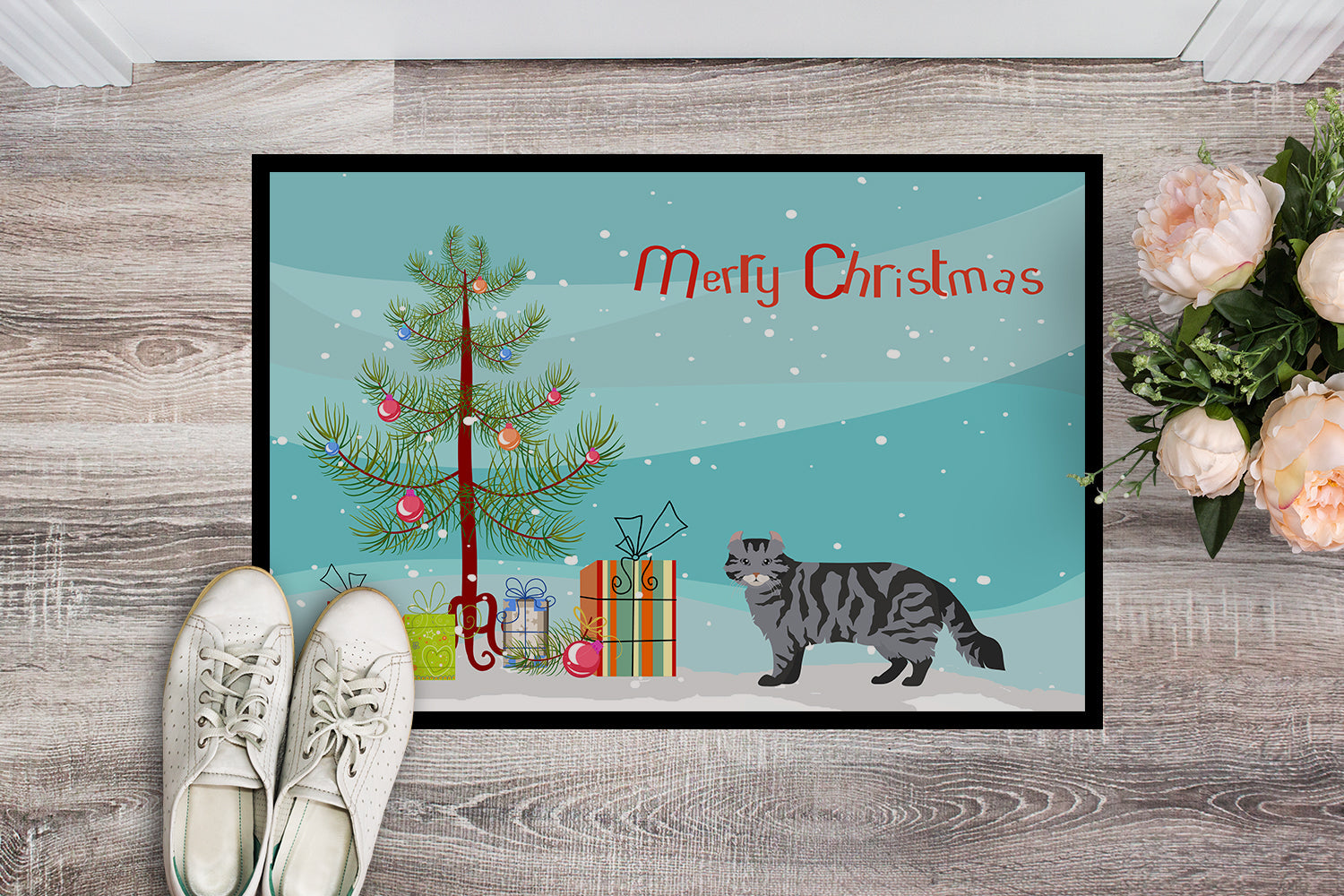 American Curl Cat Christmas Doormat Indoor Outdoor 18H X 27W Front Door Mat Rugs for Entryway, Non Slip Washable