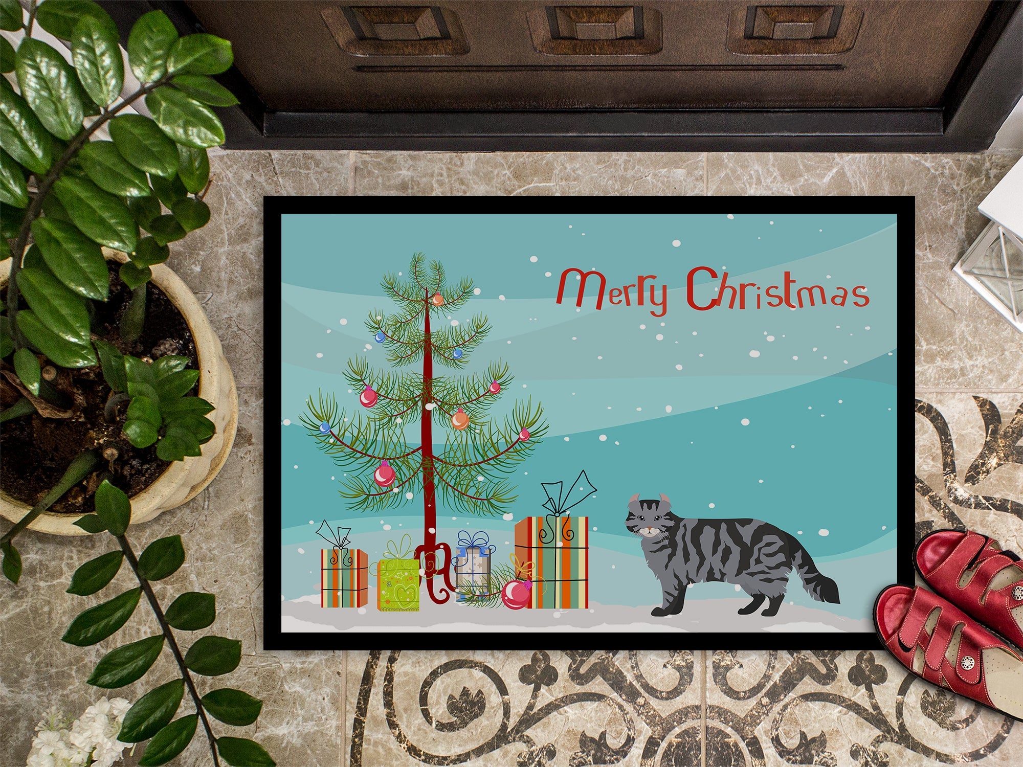 American Curl Cat Christmas Doormat Indoor Outdoor 18H X 27W Front Door Mat Rugs for Entryway, Non Slip Washable