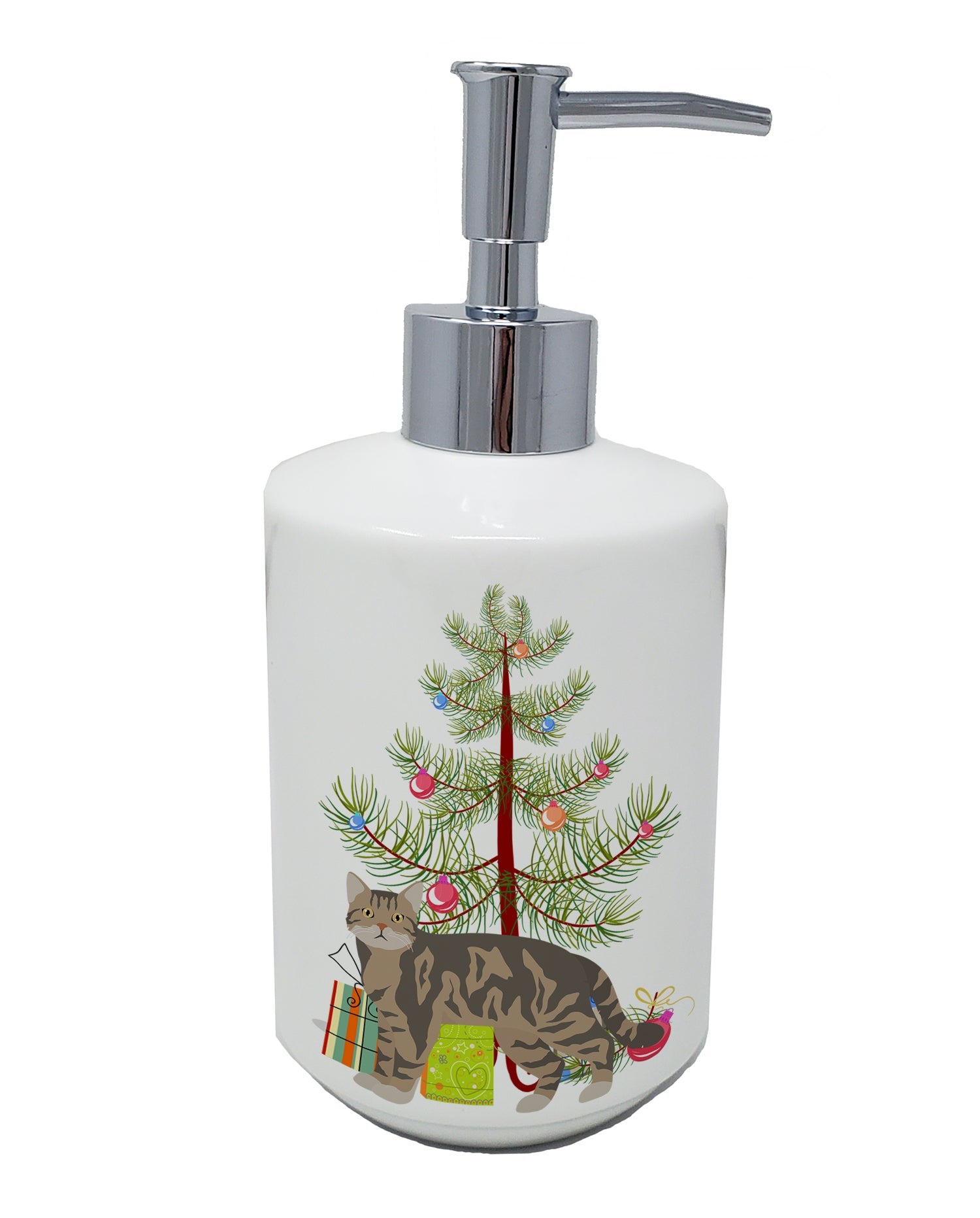 American Wirehair Cat Christmas Ceramic Soap Dispenser , Empty Refillable Hand Soap Pump Bottle for Bathroom Kitchen