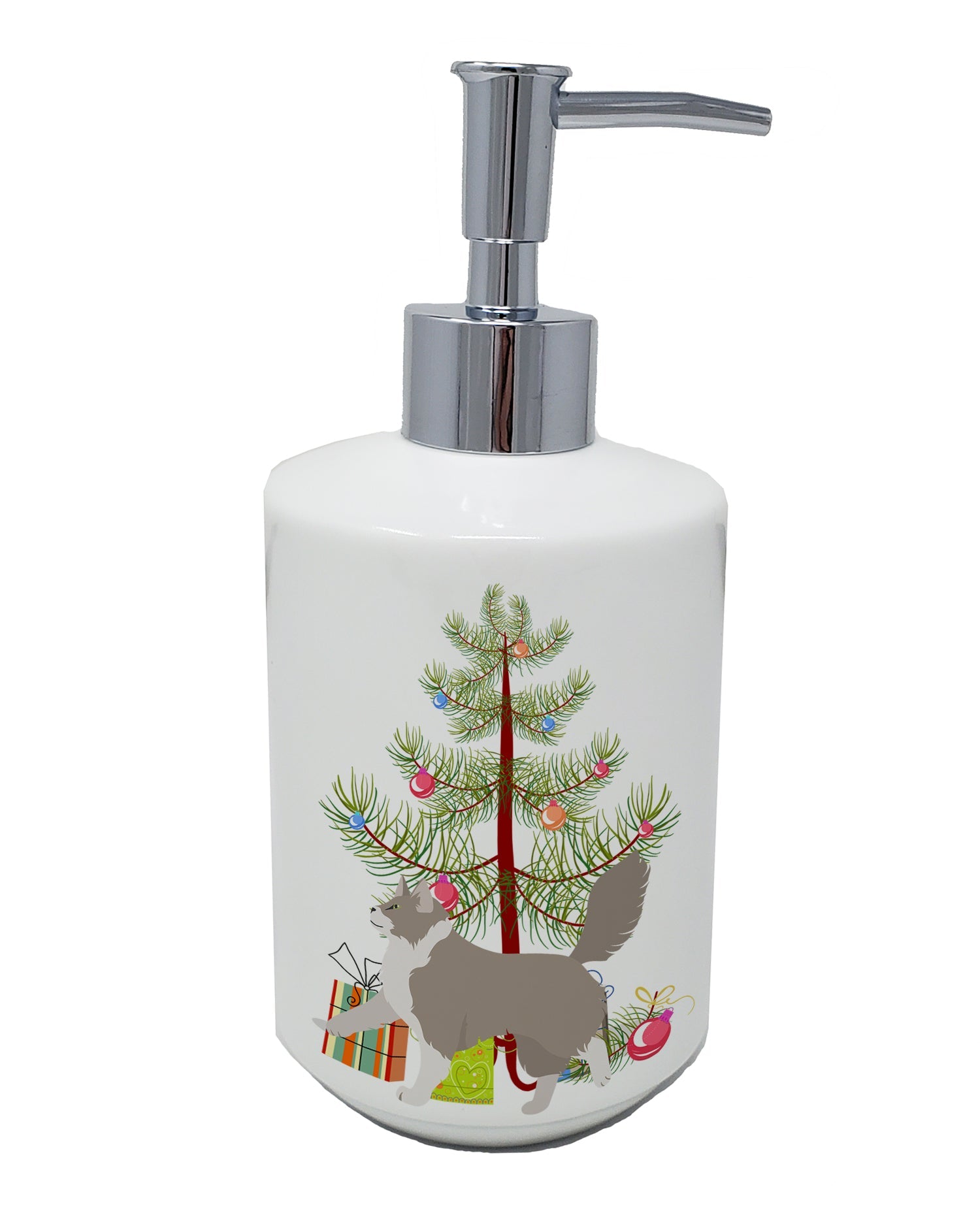 Asian Semi Longhaired Cat Christmas Ceramic Soap Dispenser , Empty Refillable Hand Soap Pump Bottle for Bathroom Kitchen
