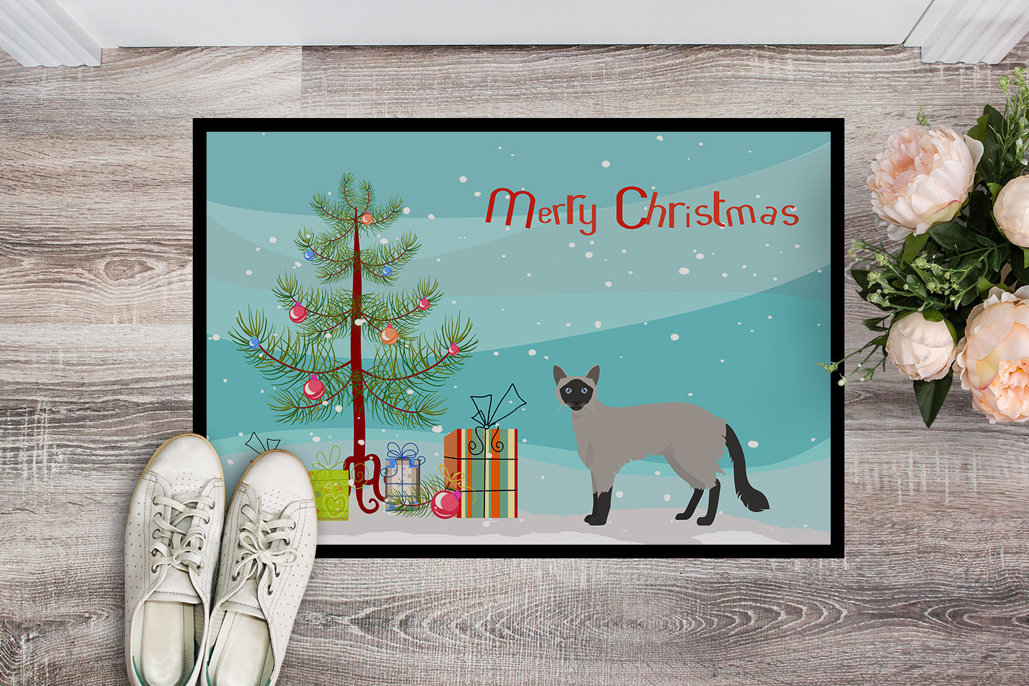 Balinese Cat Christmas Doormat Indoor Outdoor 24H X 36W Front Door Mat Rugs for Entryway, Non Slip Washable Low Pile,