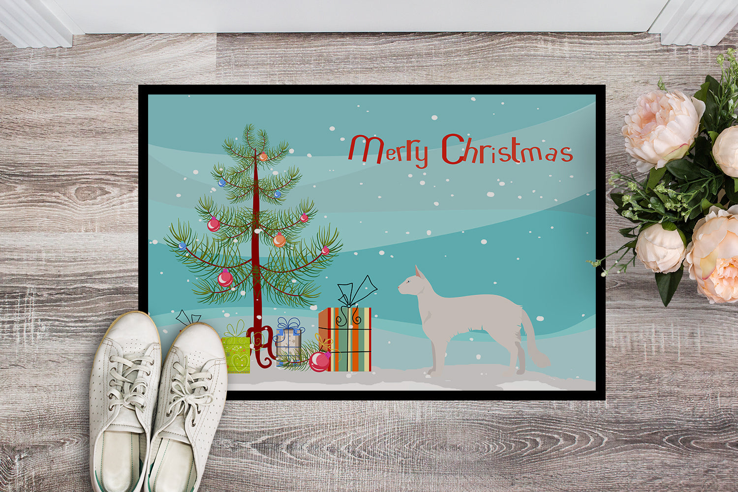 Balinese Cat Christmas Doormat Indoor Outdoor 24H X 36W Front Door Mat Rugs for Entryway, Non Slip Washable Low Pile,