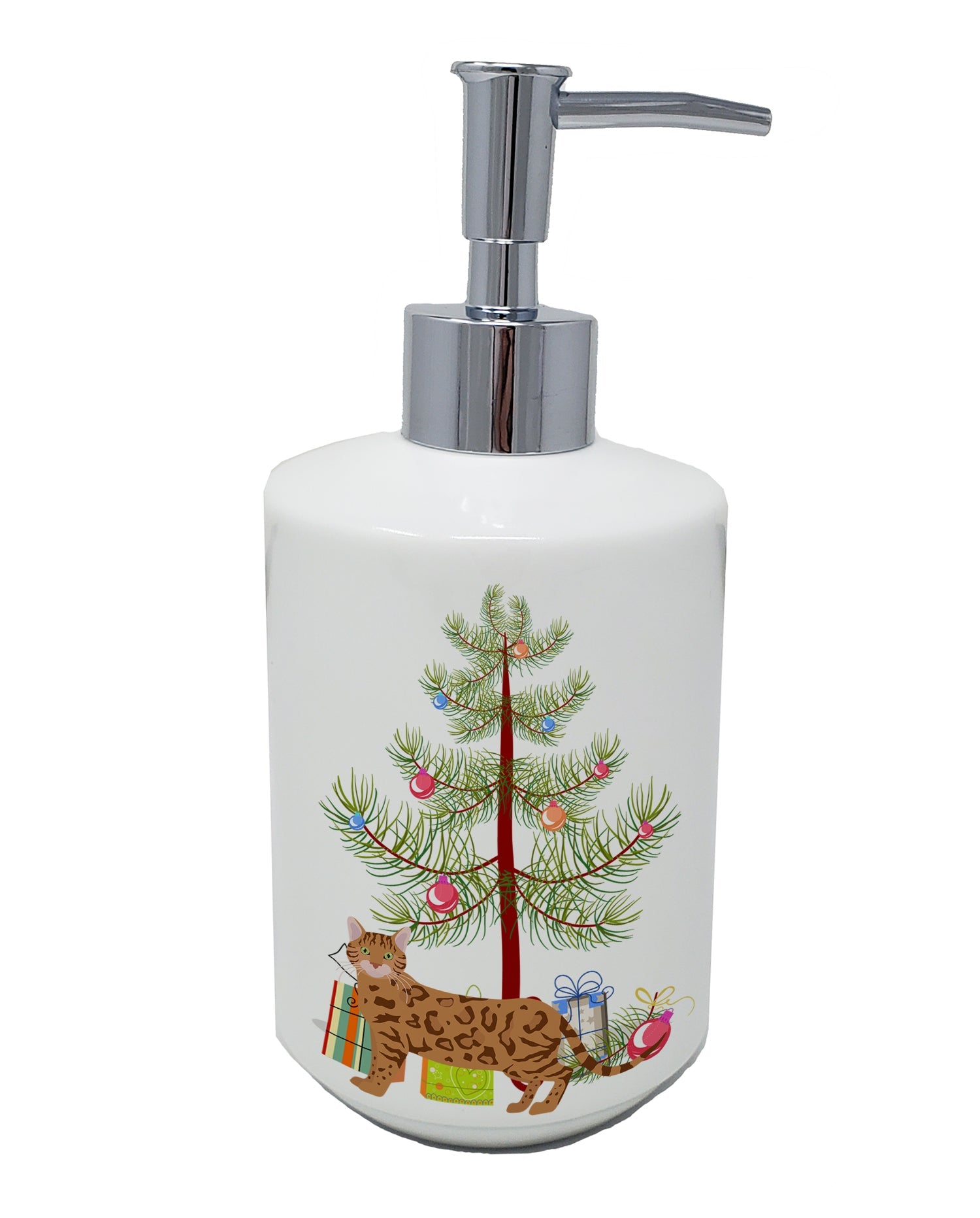 Bengal Cat Christmas Ceramic Soap Dispenser , Empty Refillable Hand Soap Pump Bottle for Bathroom Kitchen