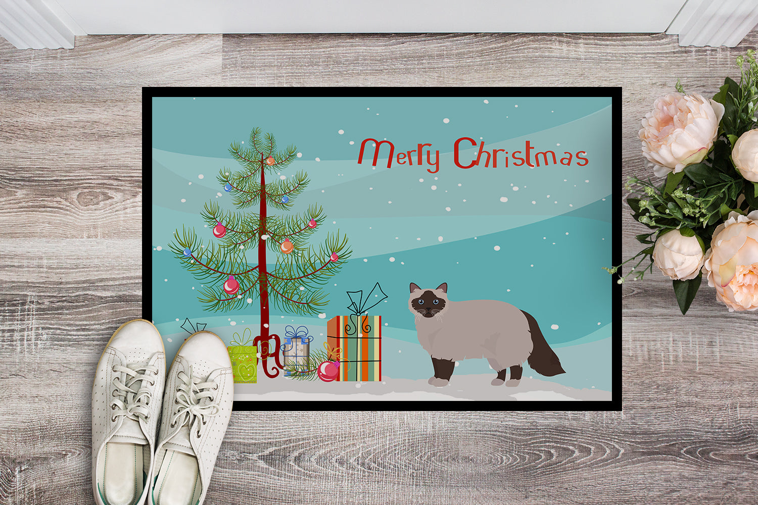 Birman Cat Christmas Doormat Indoor Outdoor 18H X 27W Front Door Mat Rugs for Entryway, Non Slip Washable