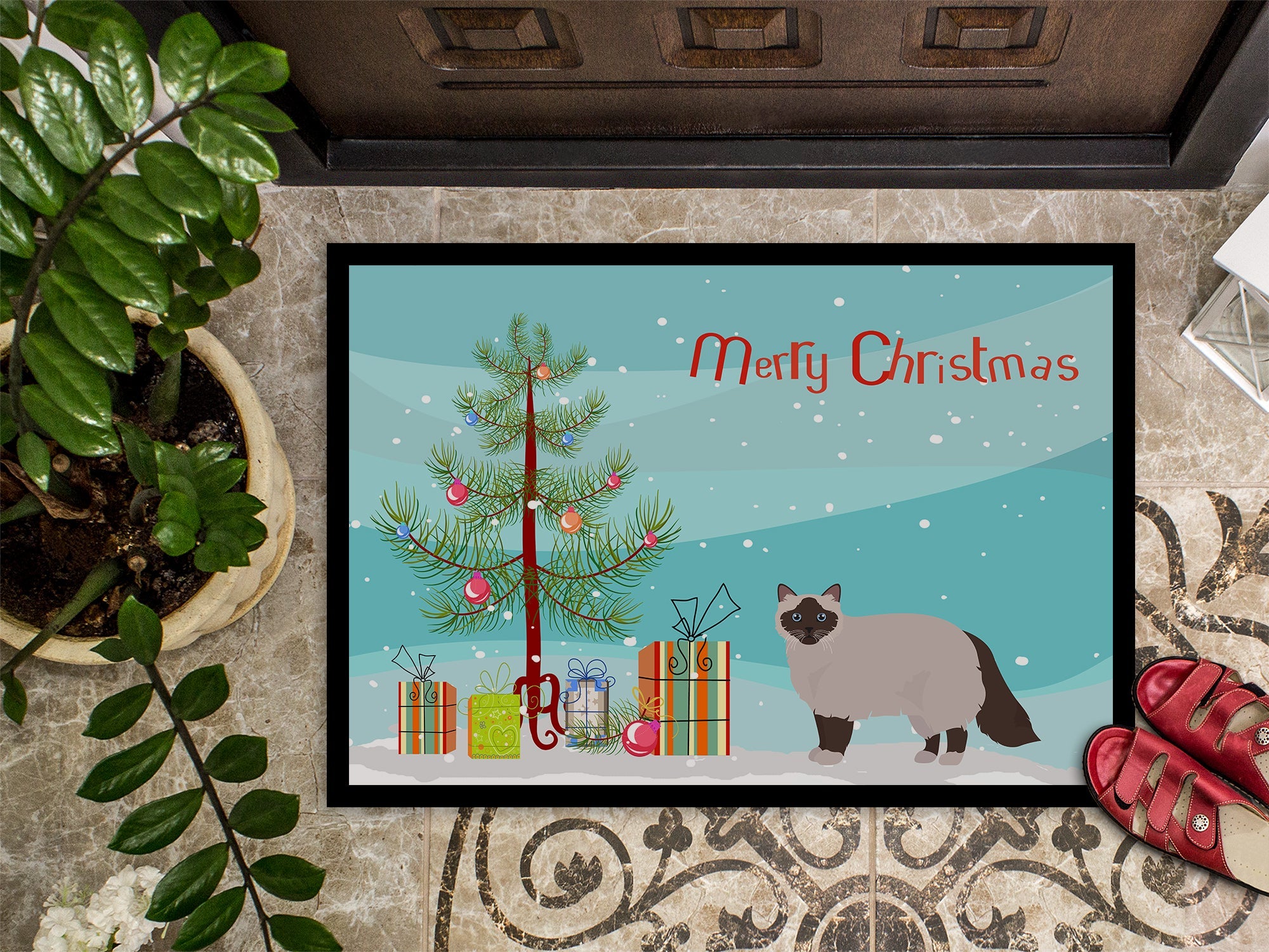 Birman Cat Christmas Doormat Indoor Outdoor 18H X 27W Front Door Mat Rugs for Entryway, Non Slip Washable