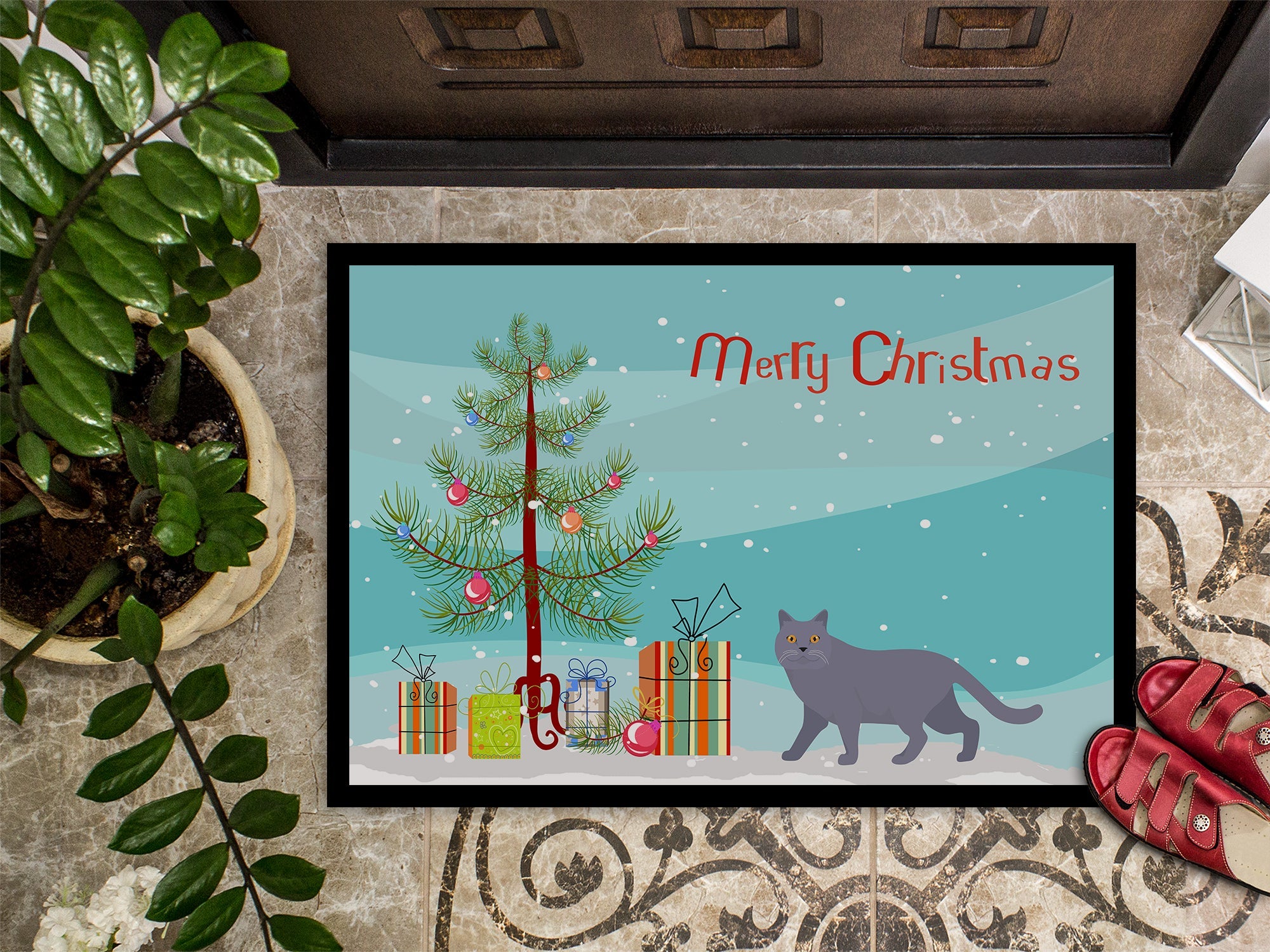 British Shorthair Cat Christmas Doormat Indoor Outdoor 24H X 36W Front Door Mat Rugs for Entryway, Non Slip Washable Low Pile,