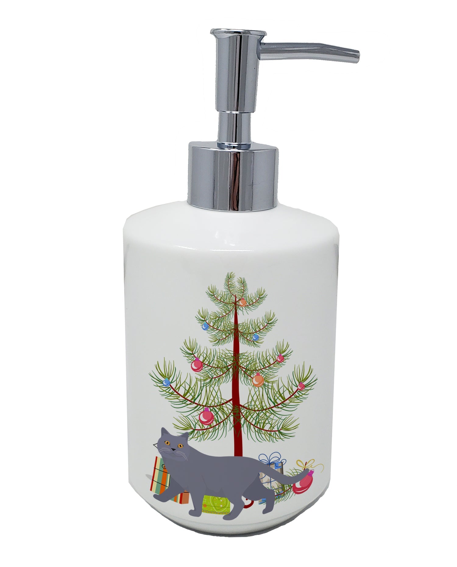 British Shorthair Cat Christmas Ceramic Soap Dispenser , Empty Refillable Hand Soap Pump Bottle for Bathroom Kitchen