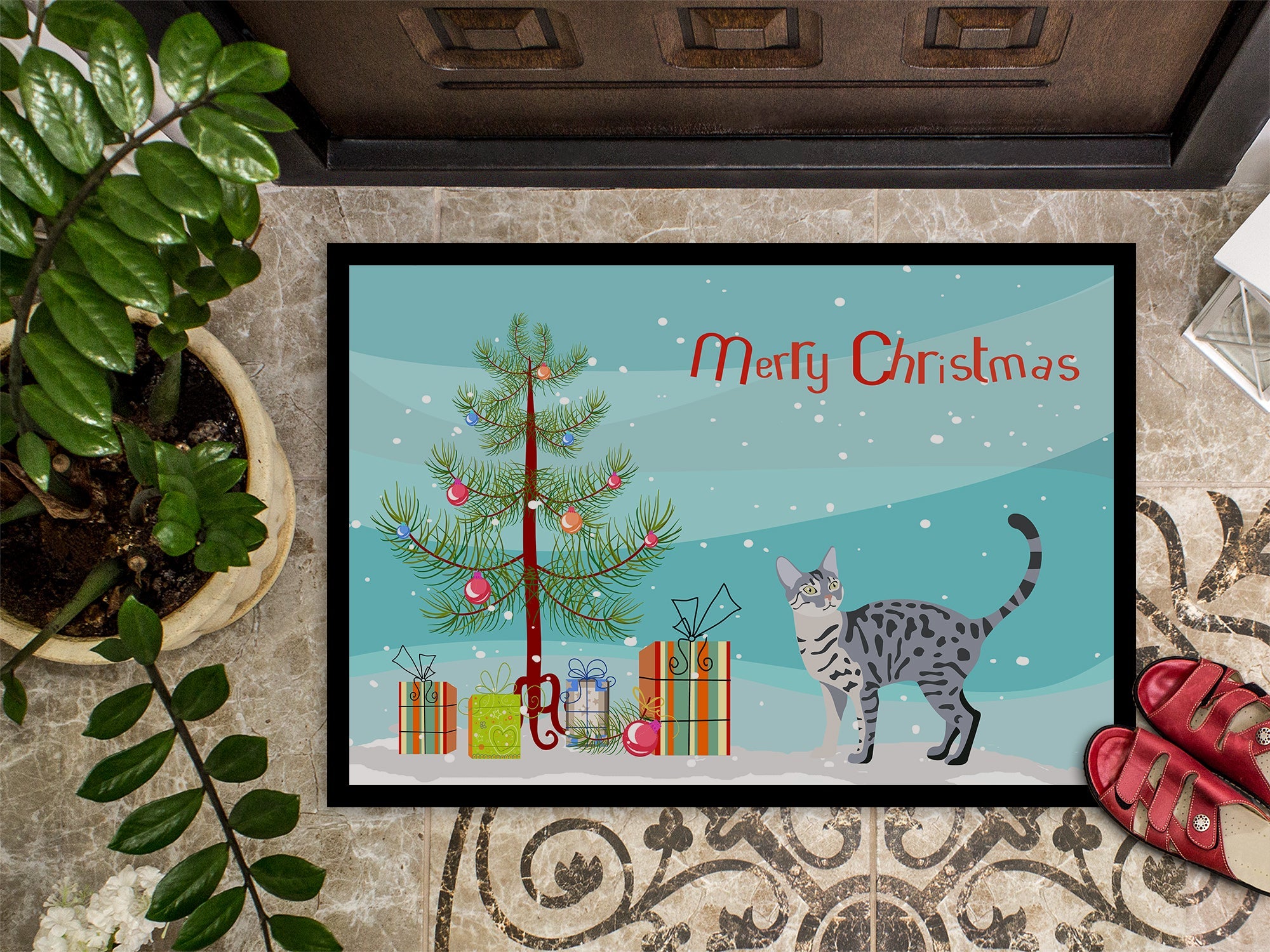California Spangled Cat Christmas Doormat Indoor Outdoor 18H X 27W Front Door Mat Rugs for Entryway, Non Slip Washable
