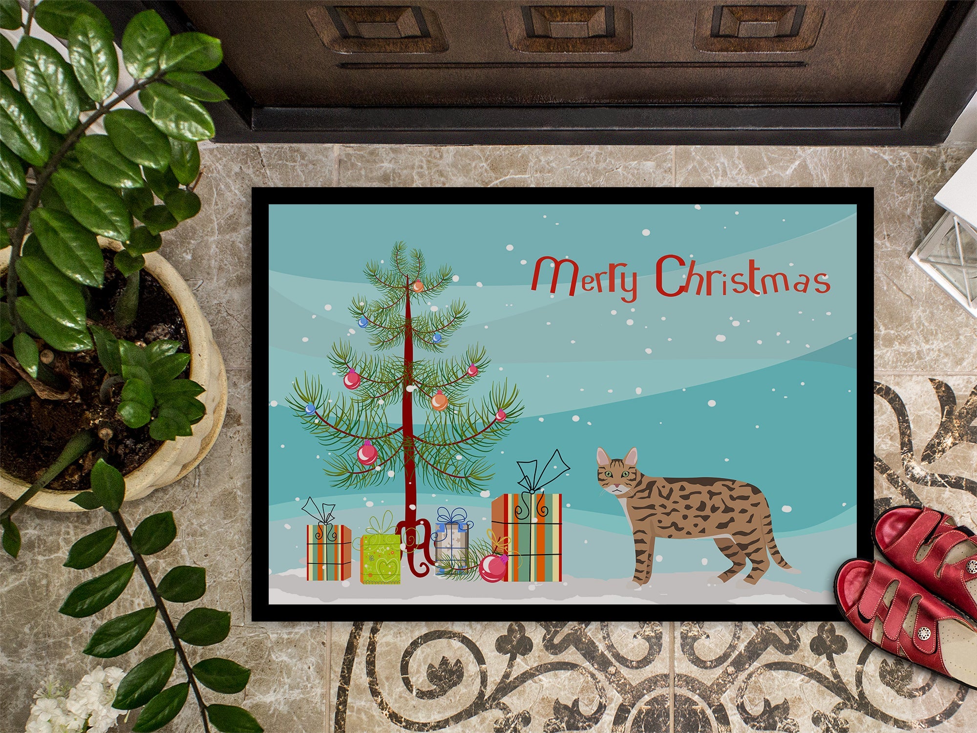 California Spangled Cat Christmas Doormat Indoor Outdoor 24H X 36W Front Door Mat Rugs for Entryway, Non Slip Washable Low Pile,
