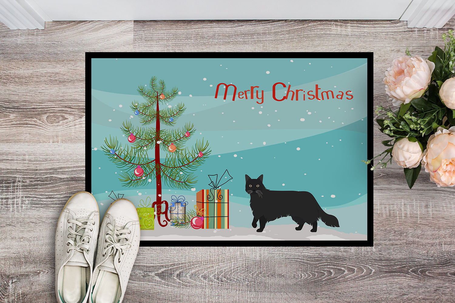 Black Chantilly Tiffany Cat Christmas Doormat Indoor Outdoor 18H X 27W Front Door Mat Rugs for Entryway, Non Slip Washable