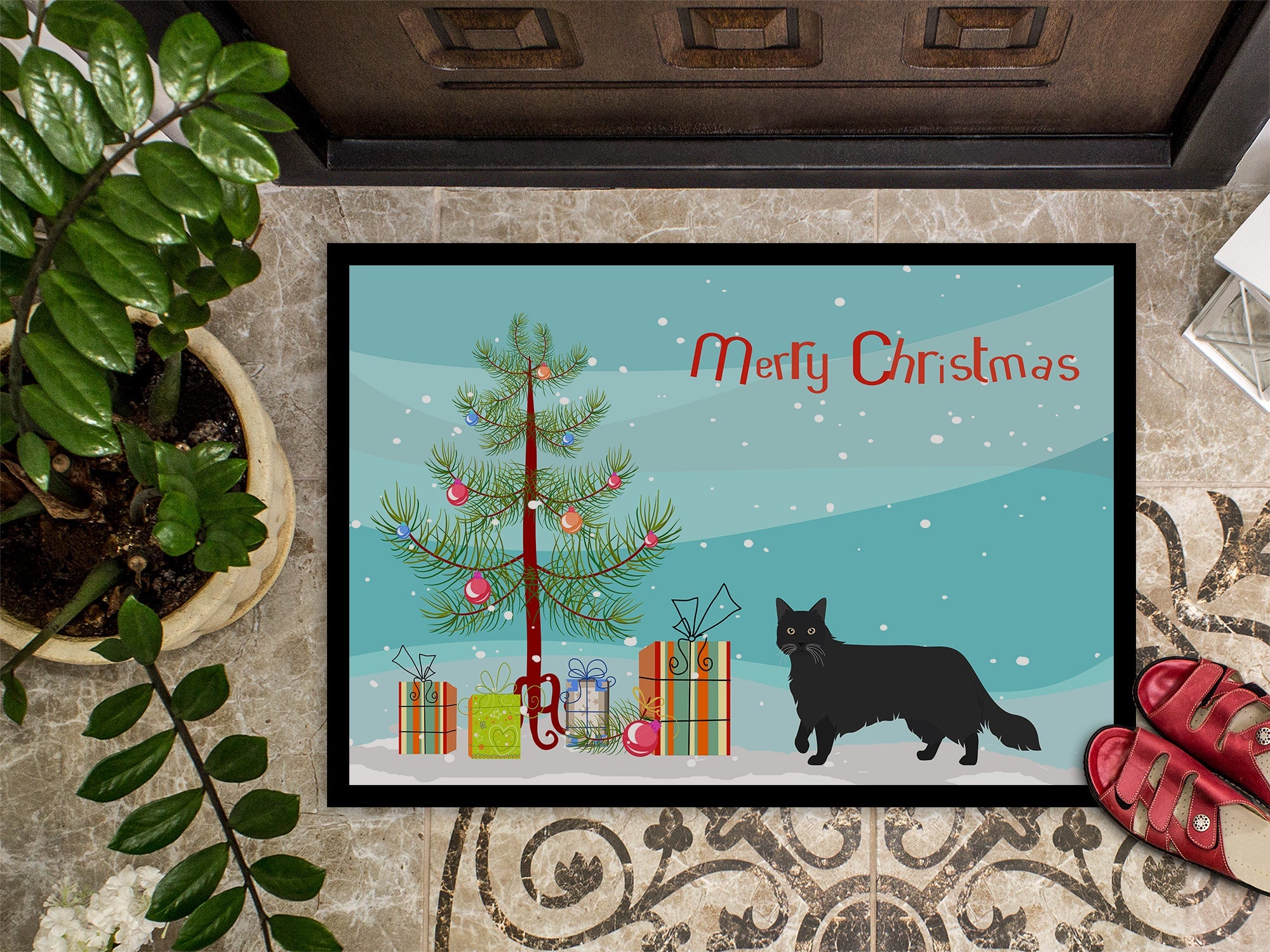 Black Chantilly Tiffany Cat Christmas Doormat Indoor Outdoor 18H X 27W Front Door Mat Rugs for Entryway, Non Slip Washable