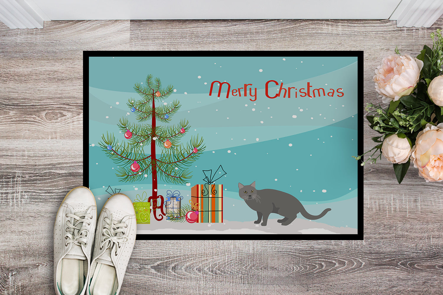 Chartreux Cat Christmas Doormat Indoor Outdoor 24H X 36W Front Door Mat Rugs for Entryway, Non Slip Washable Low Pile,