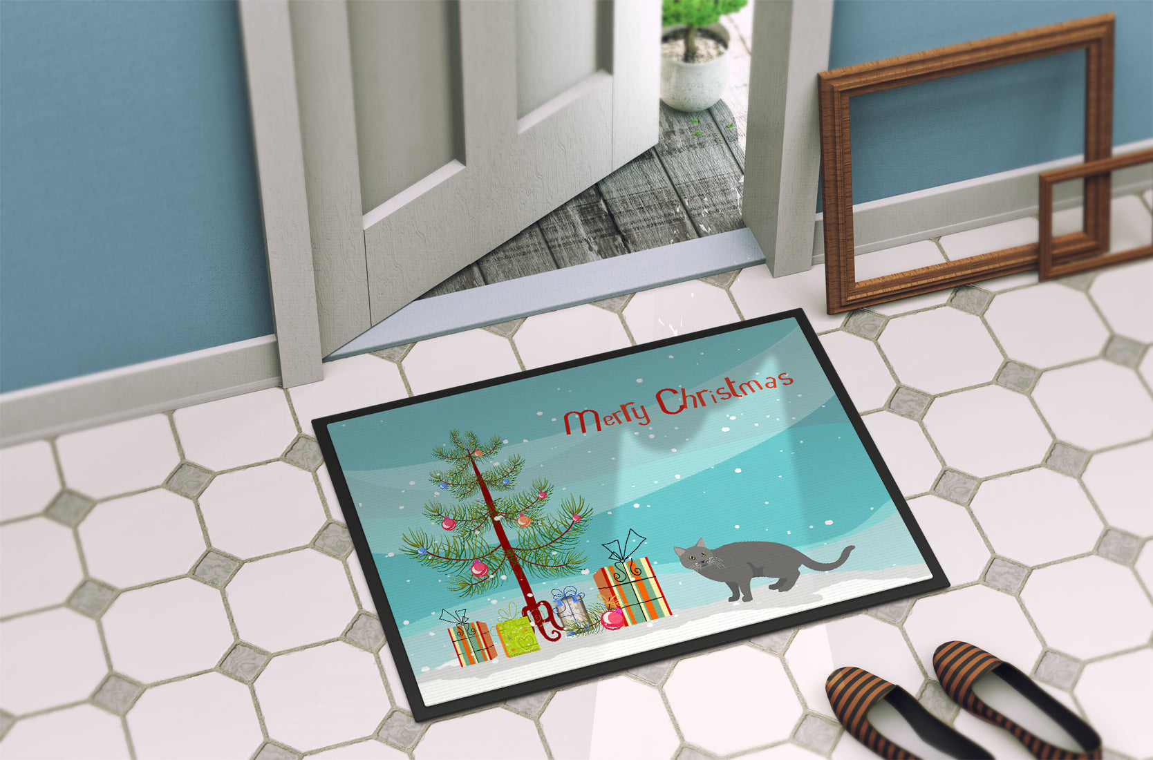Chartreux Cat Christmas Doormat Indoor Outdoor 18H X 27W Front Door Mat Rugs for Entryway, Non Slip Washable