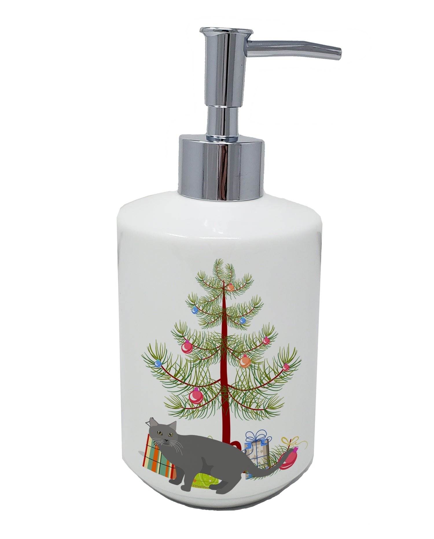 Chartreux Cat Christmas Ceramic Soap Dispenser , Empty Refillable Hand Soap Pump Bottle for Bathroom Kitchen