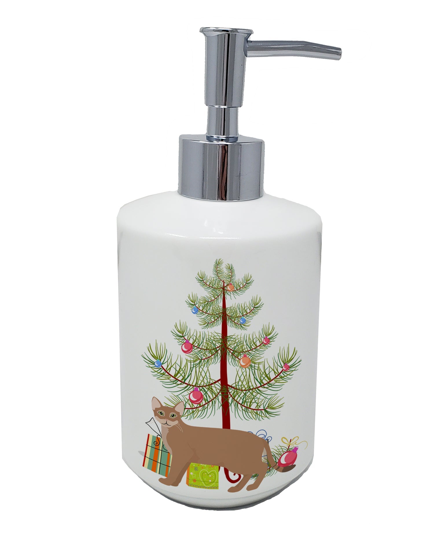 Chausie Cat Christmas Ceramic Soap Dispenser , Empty Refillable Hand Soap Pump Bottle for Bathroom Kitchen