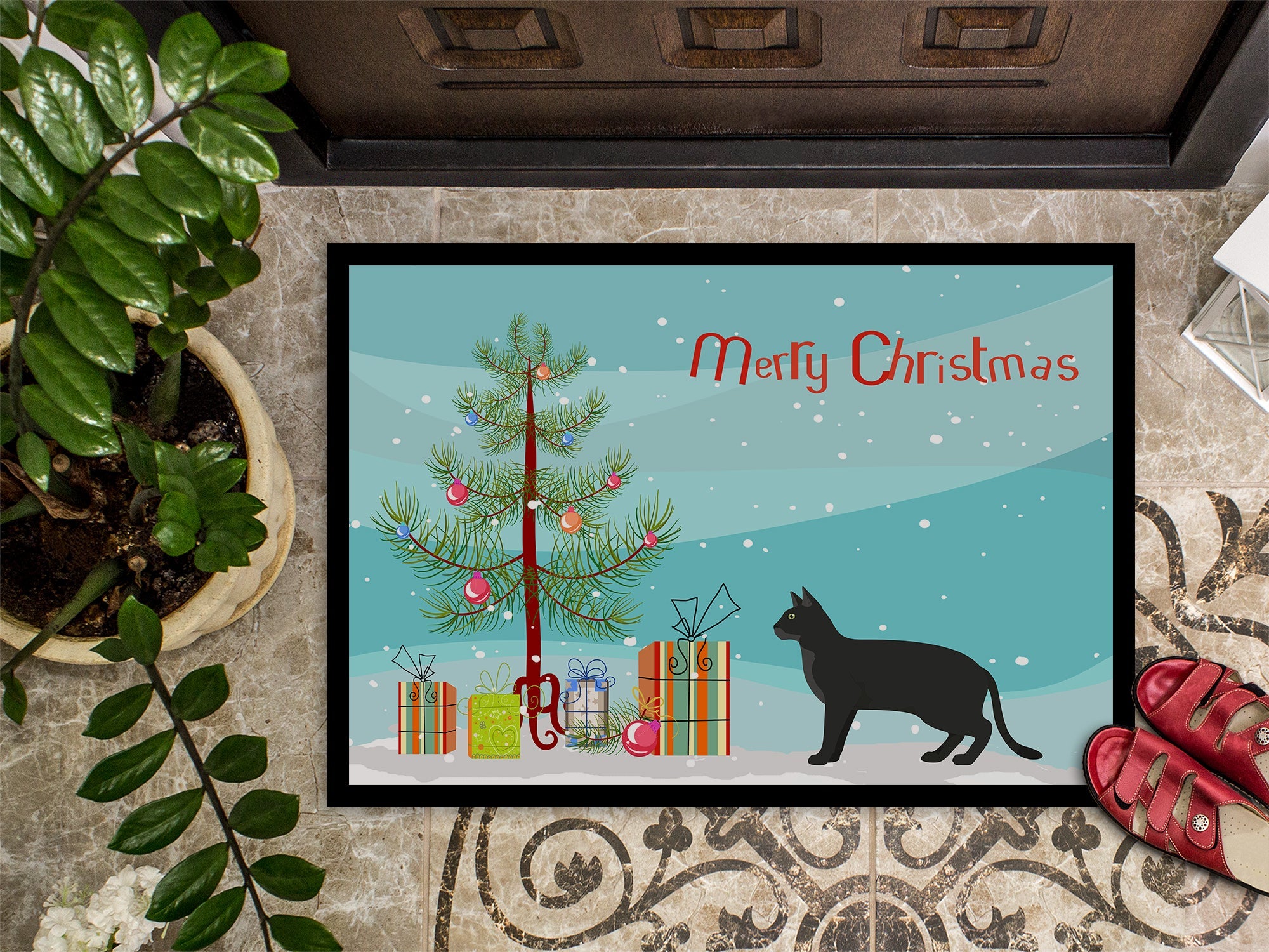 Chausie Black Cat Christmas Doormat Indoor Outdoor 24H X 36W Front Door Mat Rugs for Entryway, Non Slip Washable Low Pile,