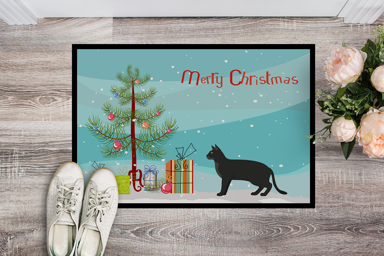 Chausie Black Cat Christmas Doormat Indoor Outdoor 18H X 27W Front Door Mat Rugs for Entryway, Non Slip Washable