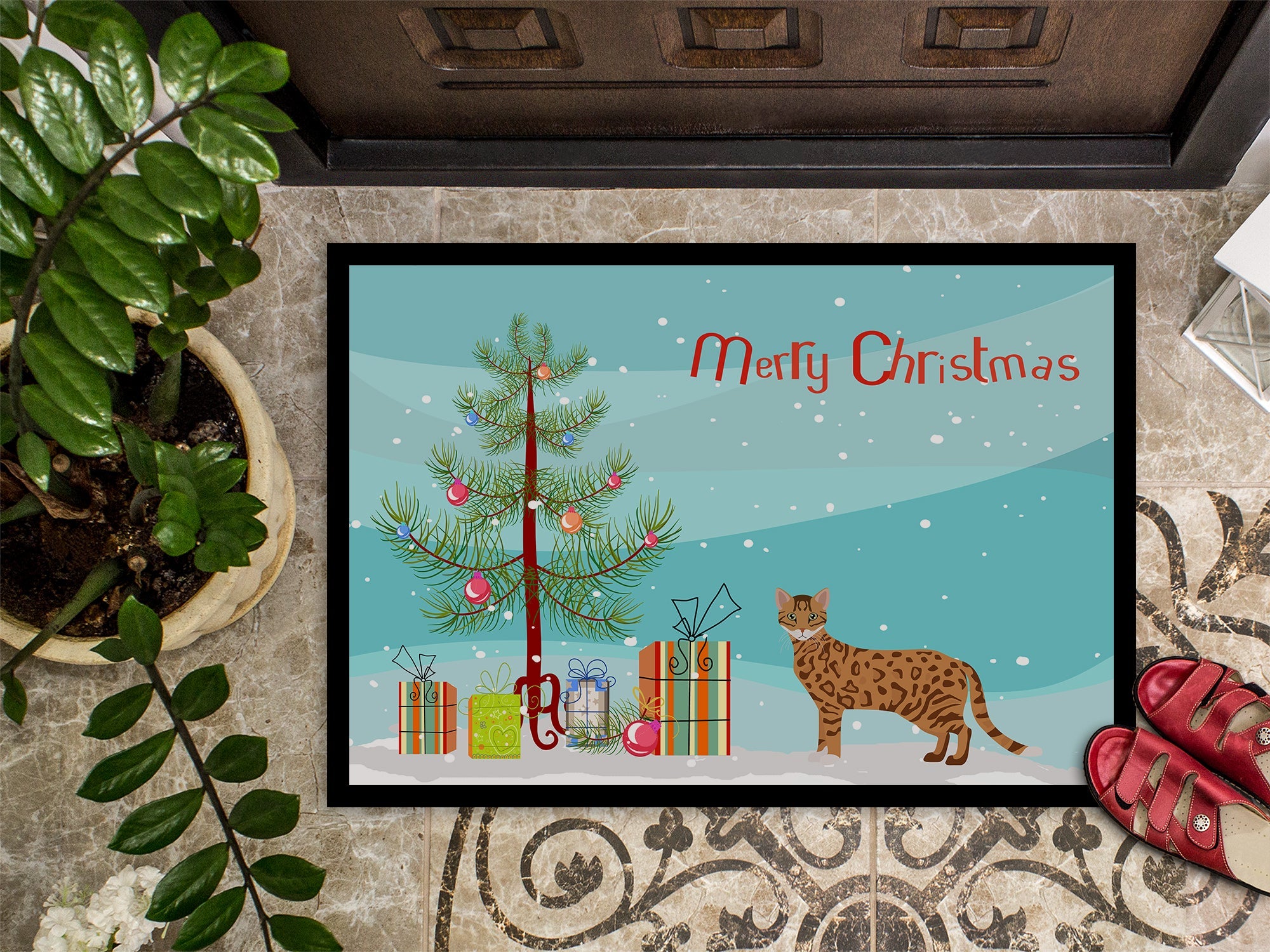 Cheetoh Cat Christmas Doormat Indoor Outdoor 18H X 27W Front Door Mat Rugs for Entryway, Non Slip Washable