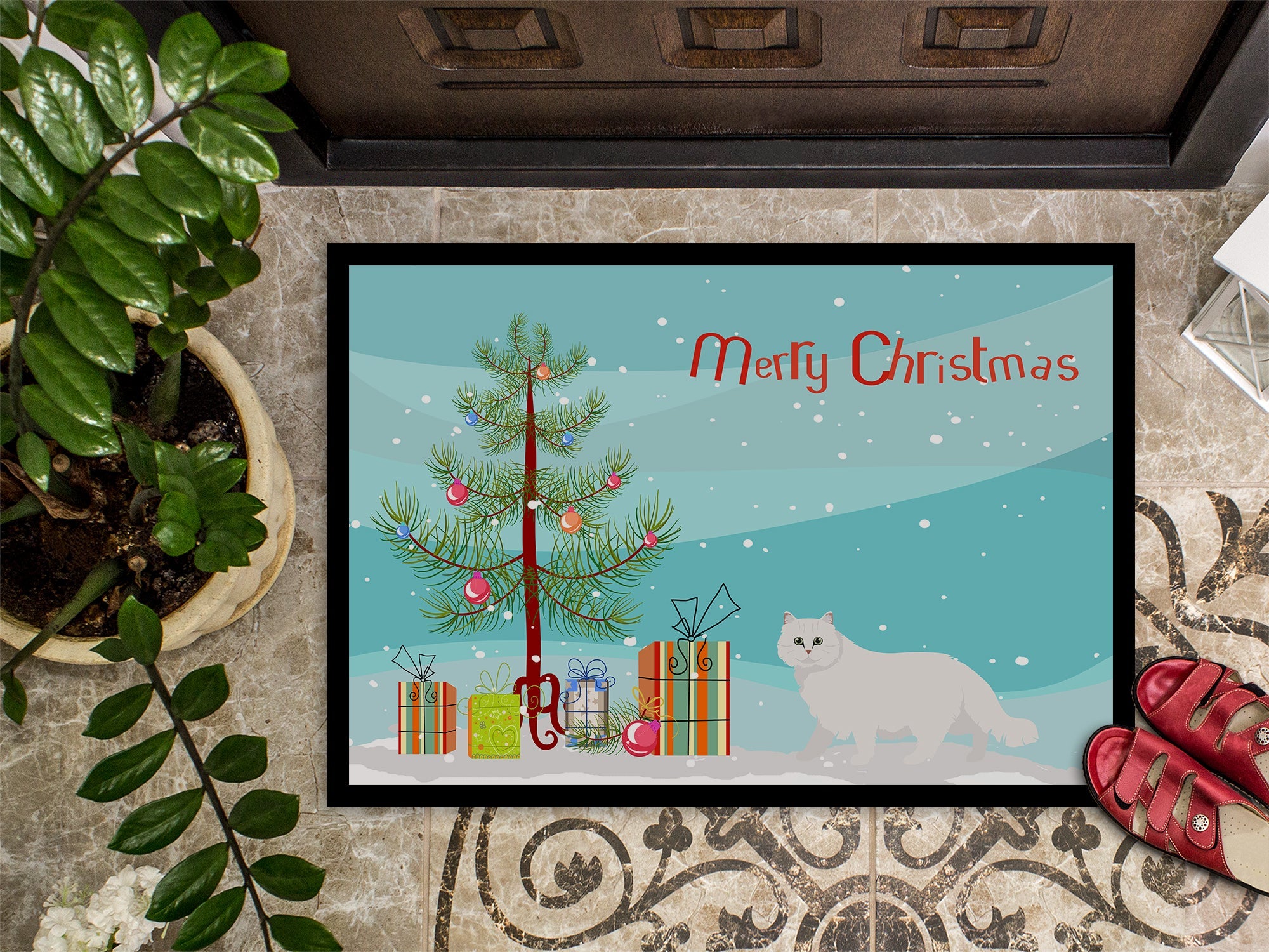 Chinchilla Persian Longhair Cat Christmas Doormat Indoor Outdoor 18H X 27W Front Door Mat Rugs for Entryway, Non Slip Washable