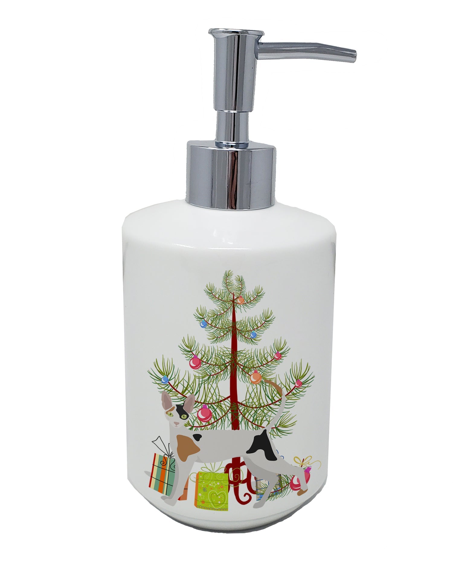 Cornish Rex Cat Christmas Ceramic Soap Dispenser , Empty Refillable Hand Soap Pump Bottle for Bathroom Kitchen