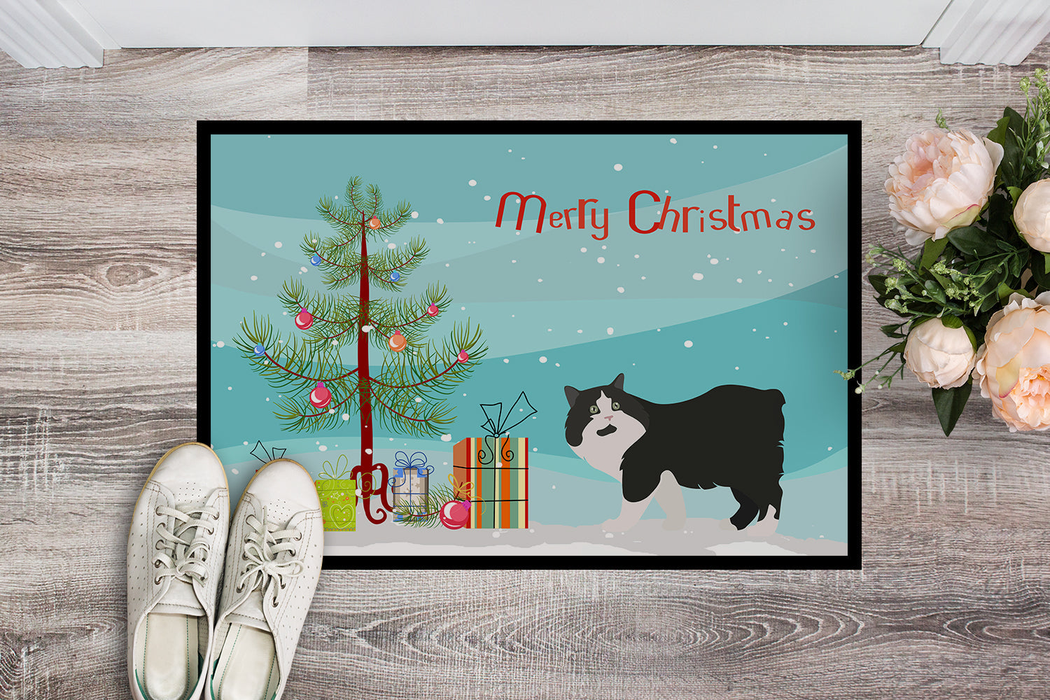 Cymric Cat Christmas Doormat Indoor Outdoor 24H X 36W Front Door Mat Rugs for Entryway, Non Slip Washable Low Pile,