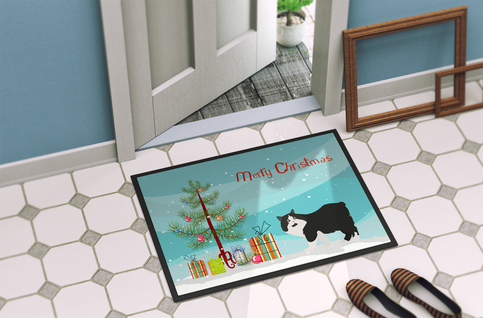 Cymric Cat Christmas Doormat Indoor Outdoor 24H X 36W Front Door Mat Rugs for Entryway, Non Slip Washable Low Pile,
