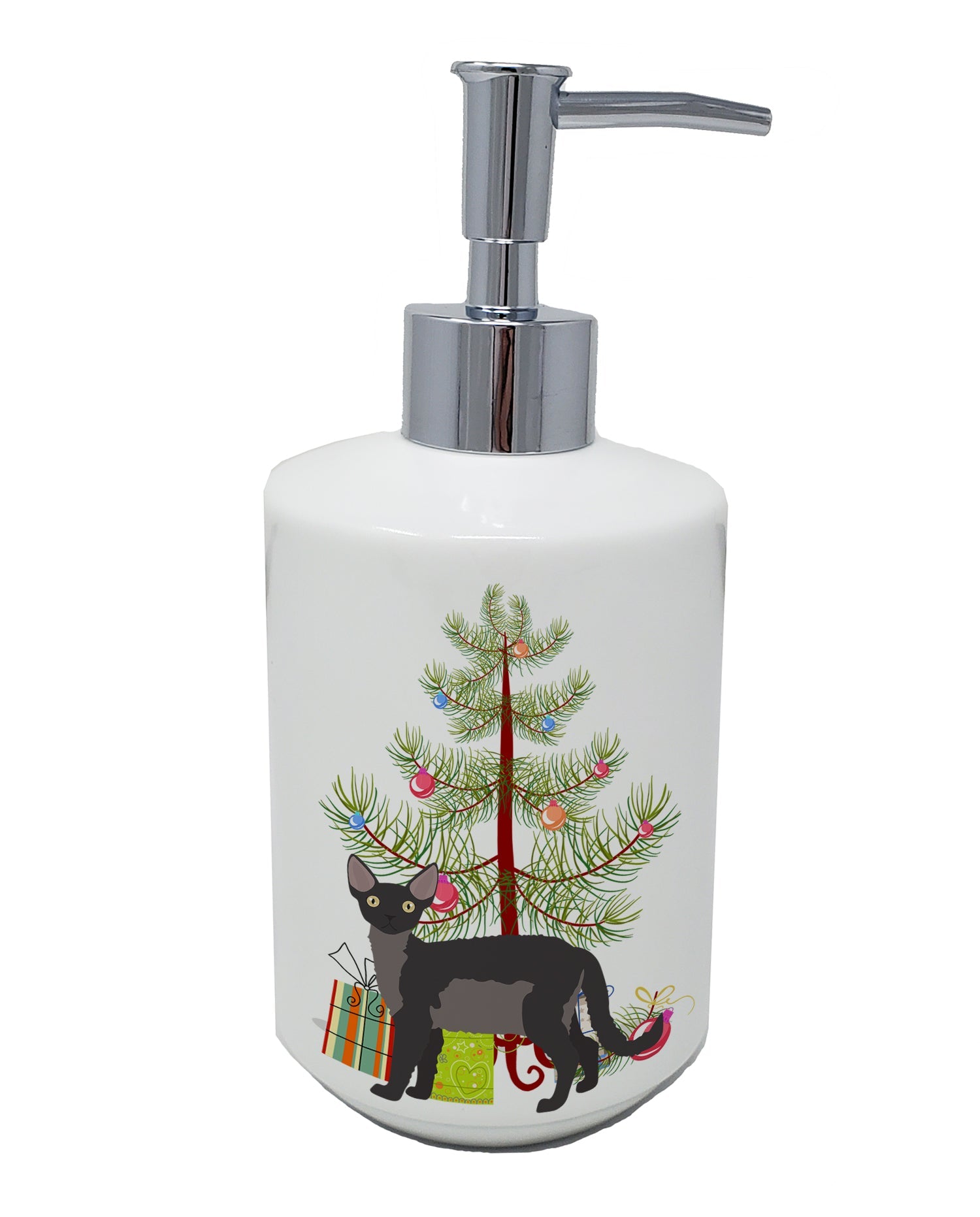 Devon Rex Cat Christmas Ceramic Soap Dispenser , Empty Refillable Hand Soap Pump Bottle for Bathroom Kitchen