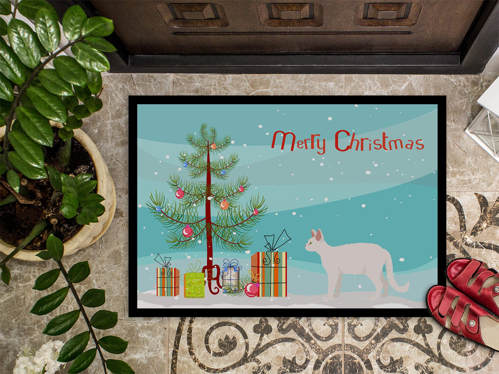 White Devon Rex Cat Christmas Doormat Indoor Outdoor 24H X 36W Front Door Mat Rugs for Entryway, Non Slip Washable Low Pile,
