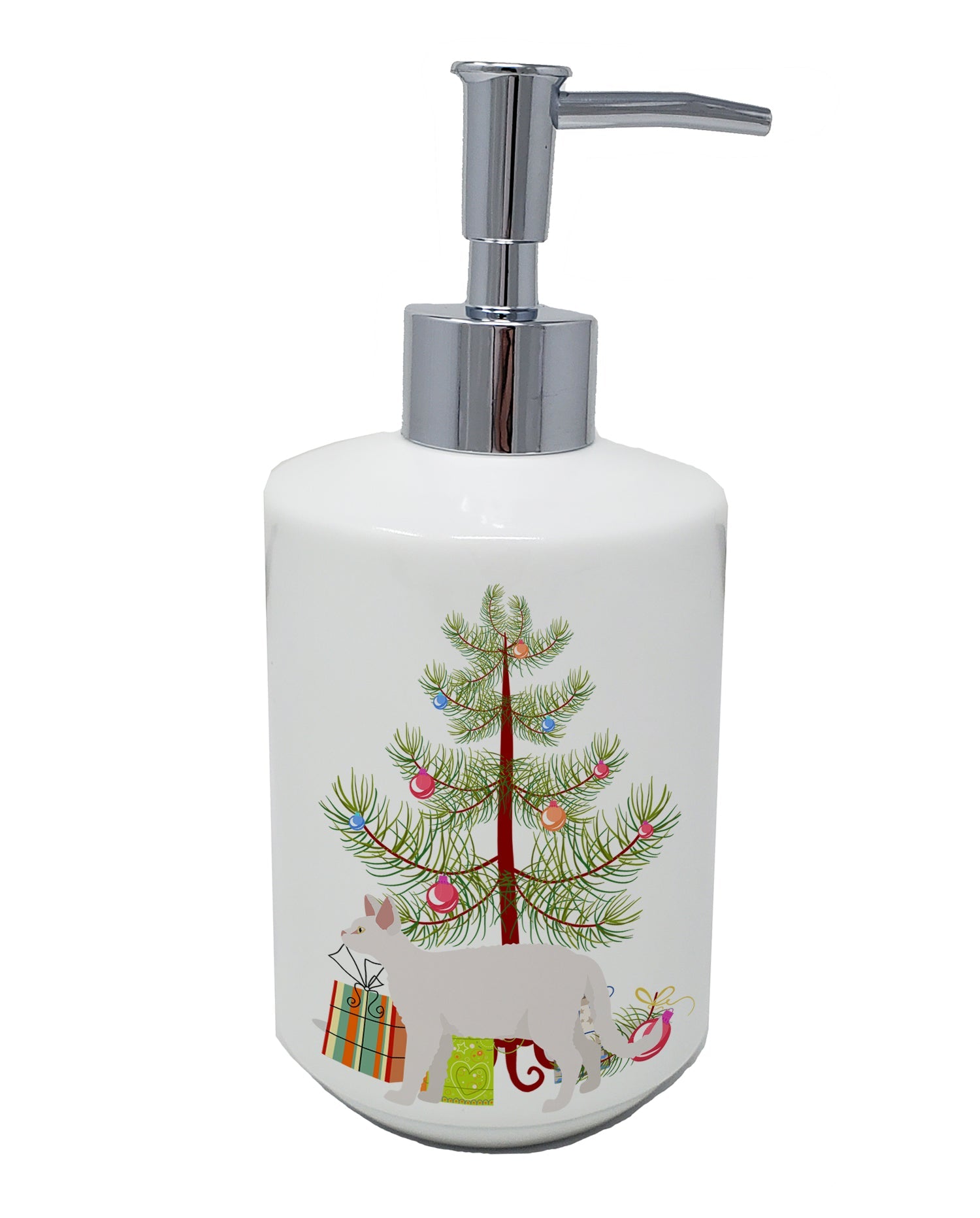 White Devon Rex Cat Christmas Ceramic Soap Dispenser , Empty Refillable Hand Soap Pump Bottle for Bathroom Kitchen