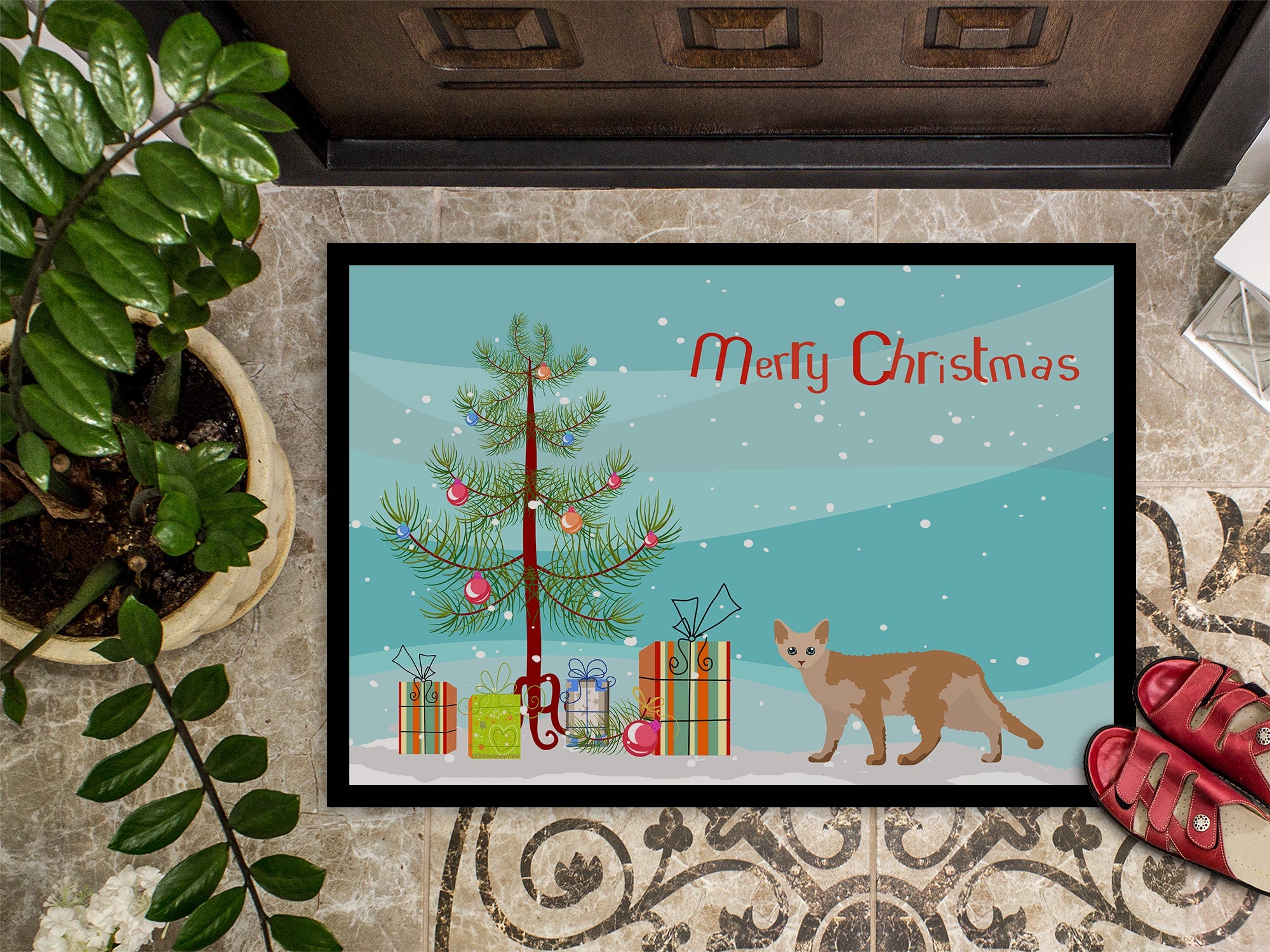 Devon Rex Cat Christmas Doormat Indoor Outdoor 18H X 27W Front Door Mat Rugs for Entryway, Non Slip Washable