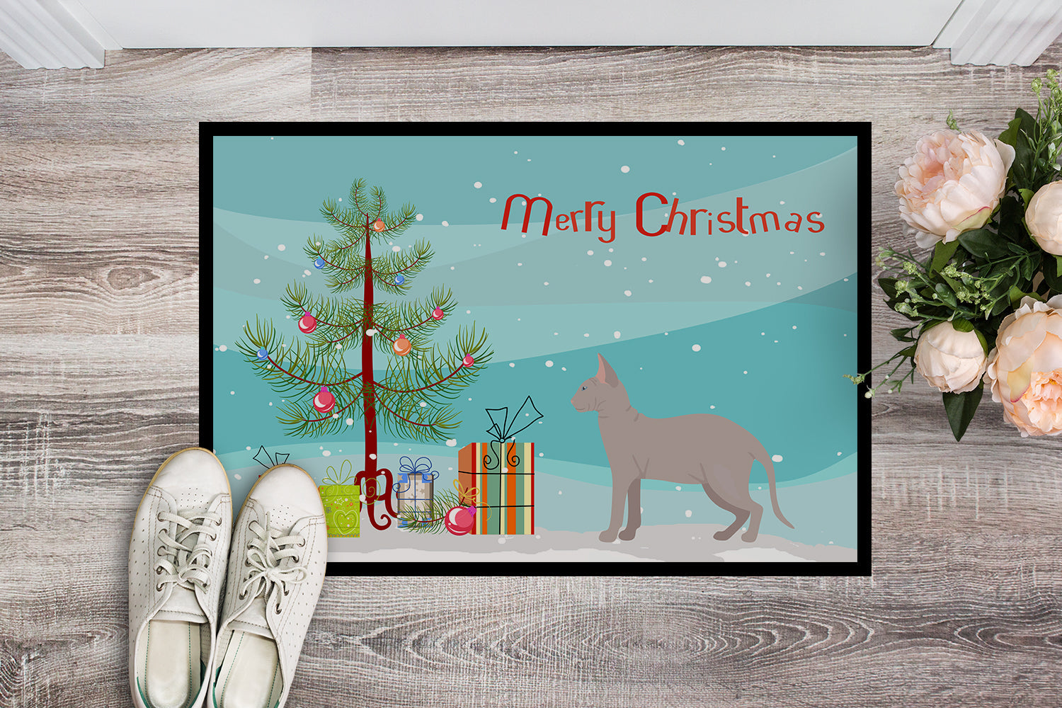 Don Sphynx Cat Christmas Doormat Indoor Outdoor 24H X 36W Front Door Mat Rugs for Entryway, Non Slip Washable Low Pile,