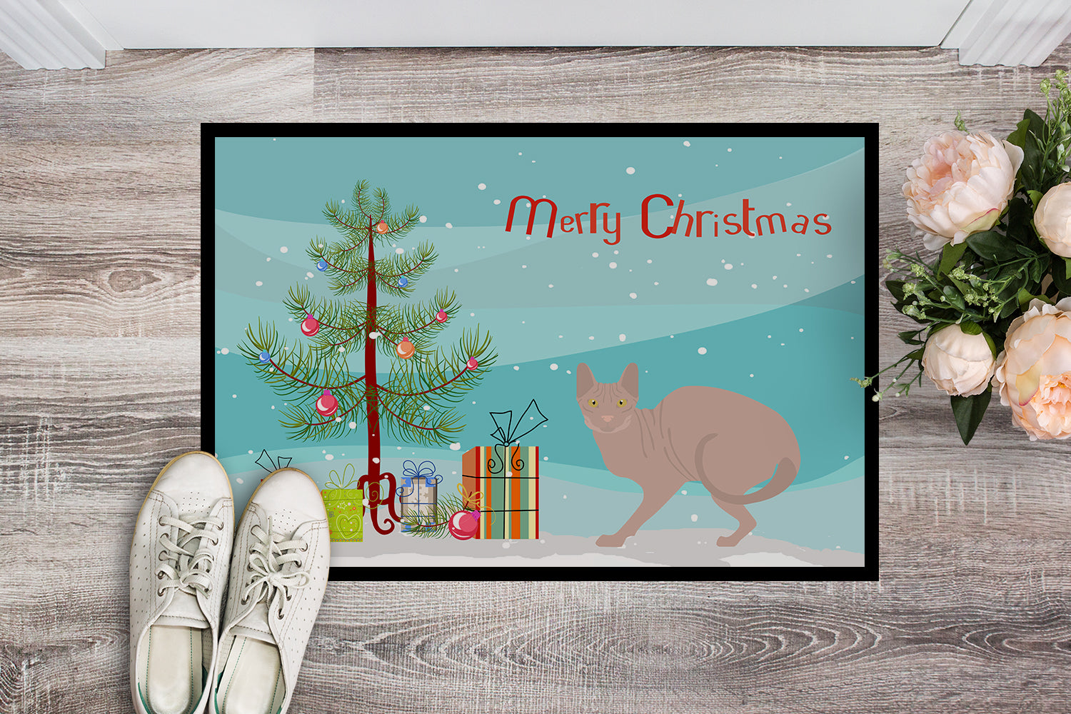 Don Sphynx Cat Christmas Doormat Indoor Outdoor 24H X 36W Front Door Mat Rugs for Entryway, Non Slip Washable Low Pile,