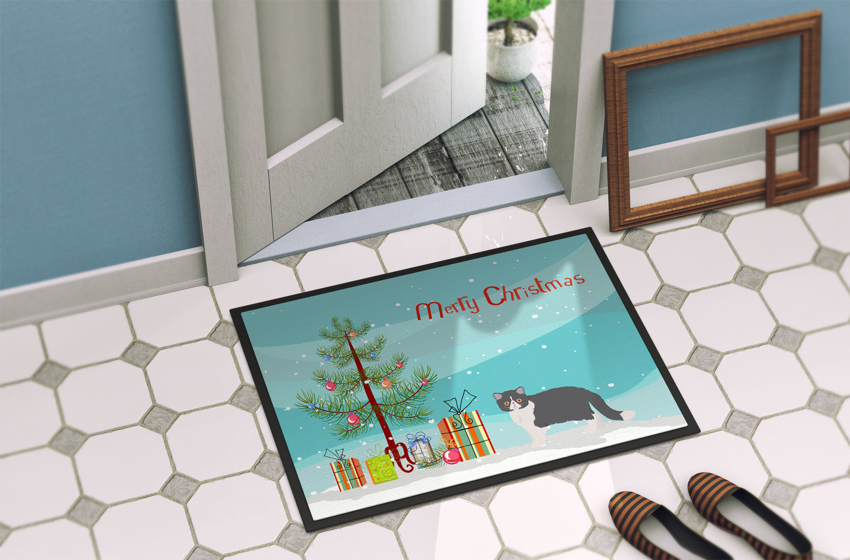 Exotic Shorthair Cat Christmas Doormat Indoor Outdoor 18H X 27W Front Door Mat Rugs for Entryway, Non Slip Washable