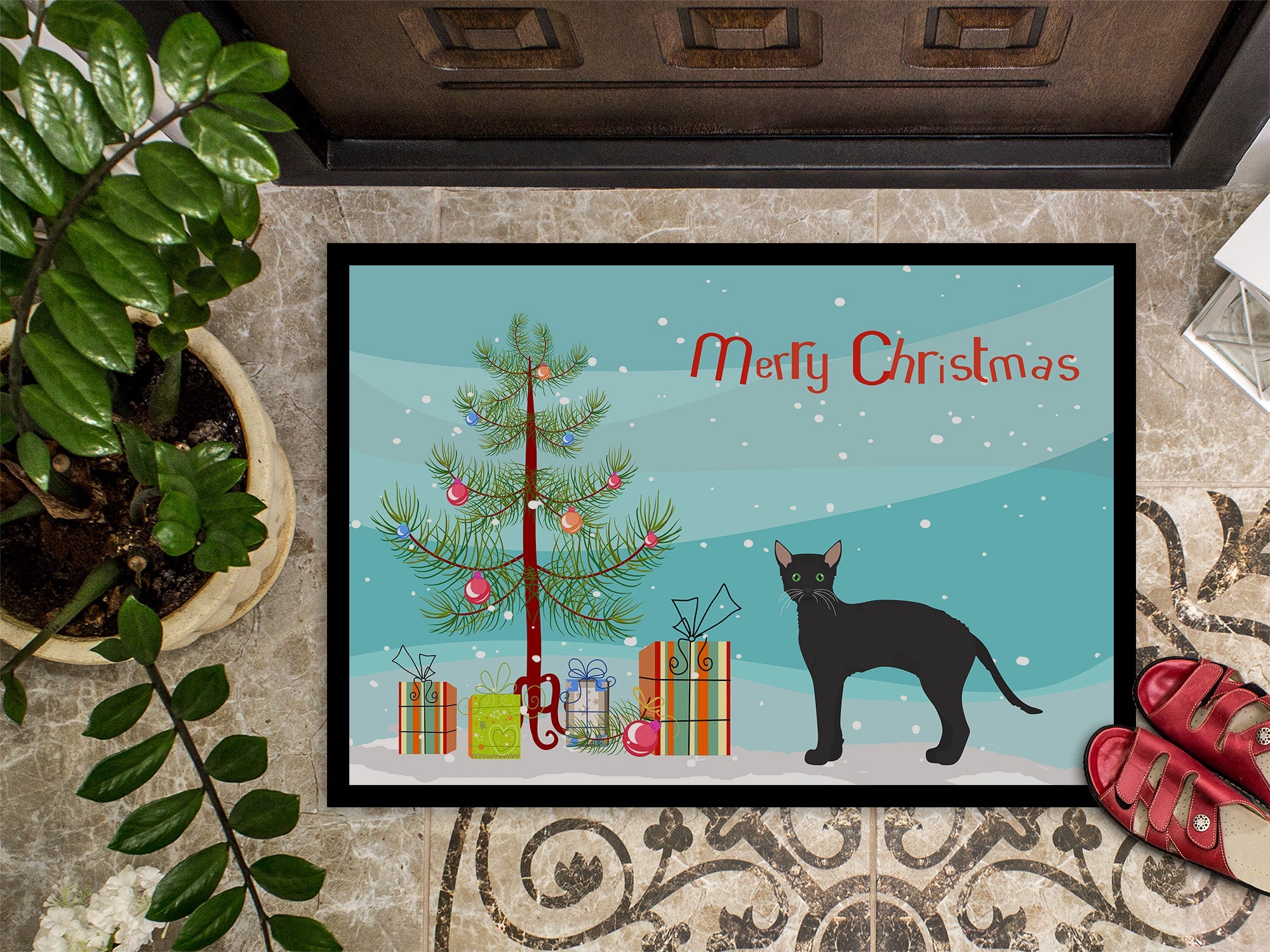 Black German Rex Cat Christmas Doormat Indoor Outdoor 24H X 36W Front Door Mat Rugs for Entryway, Non Slip Washable Low Pile,