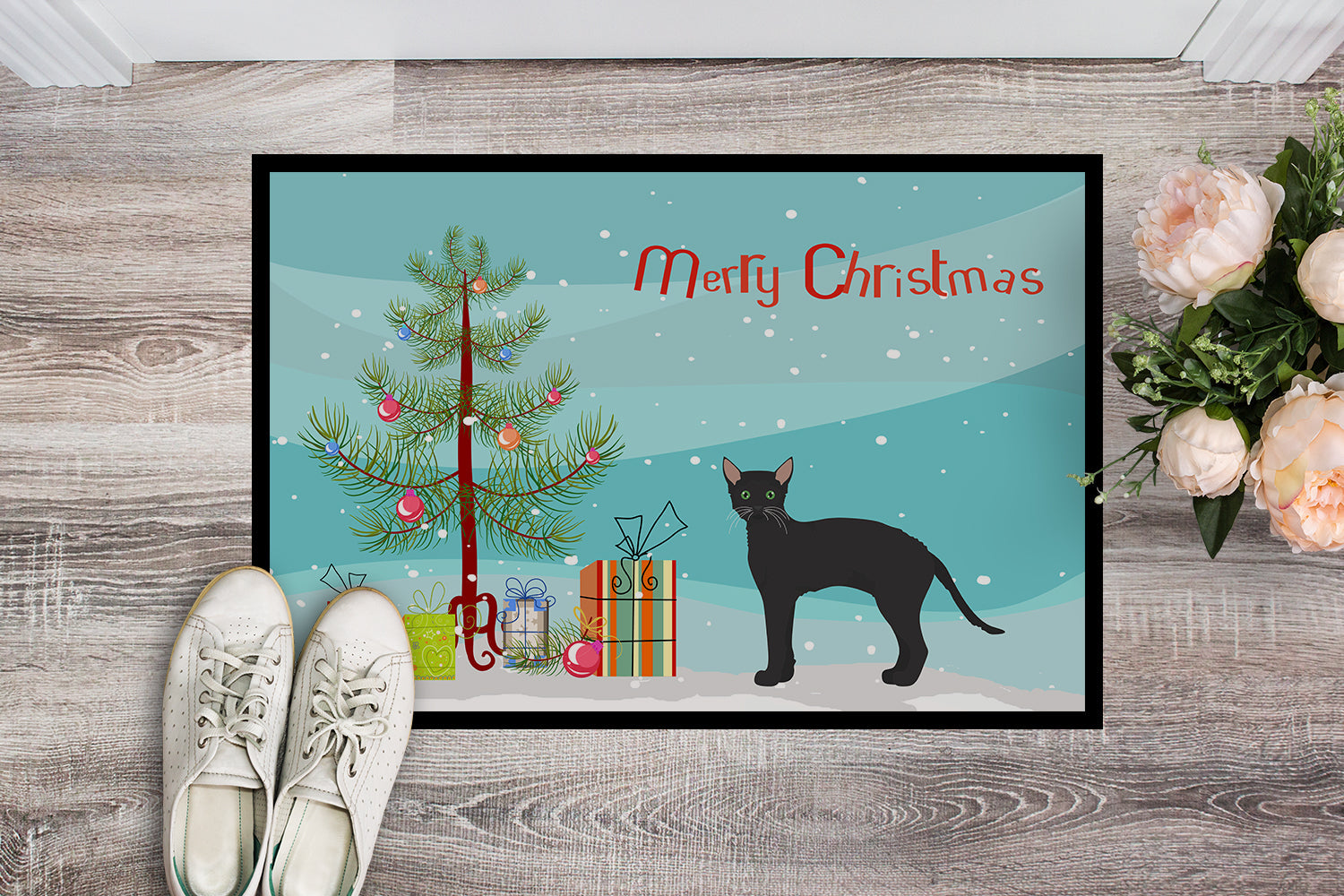 Black German Rex Cat Christmas Doormat Indoor Outdoor 18H X 27W Front Door Mat Rugs for Entryway, Non Slip Washable