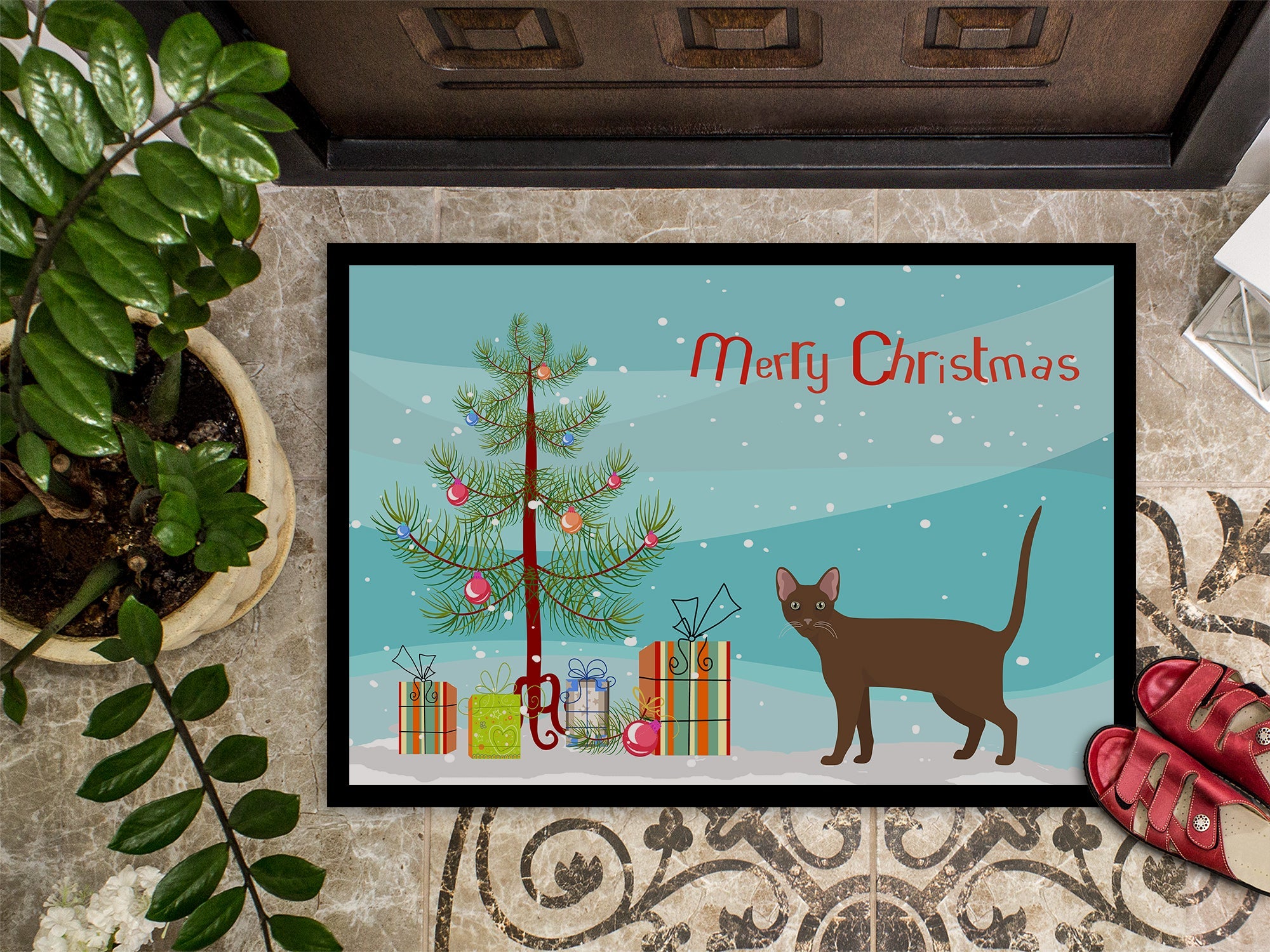 Havana Brown Cat Christmas Doormat Indoor Outdoor 24H X 36W Front Door Mat Rugs for Entryway, Non Slip Washable Low Pile,