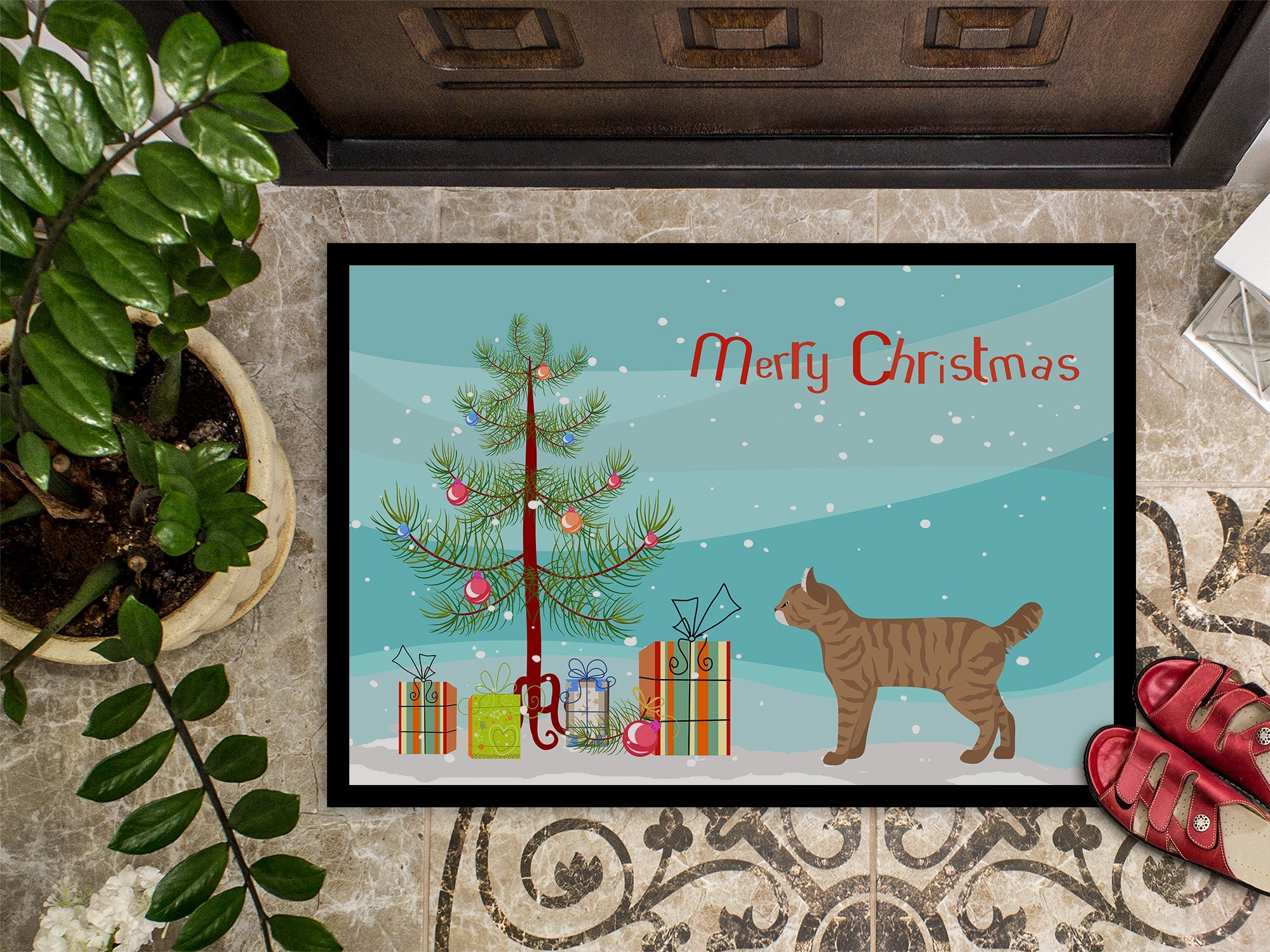 Highlander Lynx Cat Christmas Doormat Indoor Outdoor 18H X 27W Front Door Mat Rugs for Entryway, Non Slip Washable