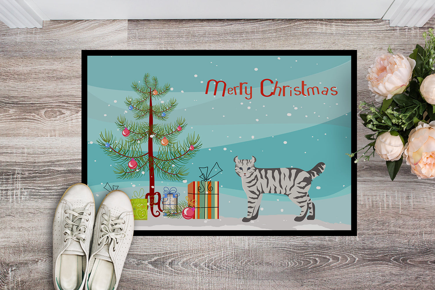 Highlander Lynx Cat Christmas Doormat Indoor Outdoor 18H X 27W Front Door Mat Rugs for Entryway, Non Slip Washable