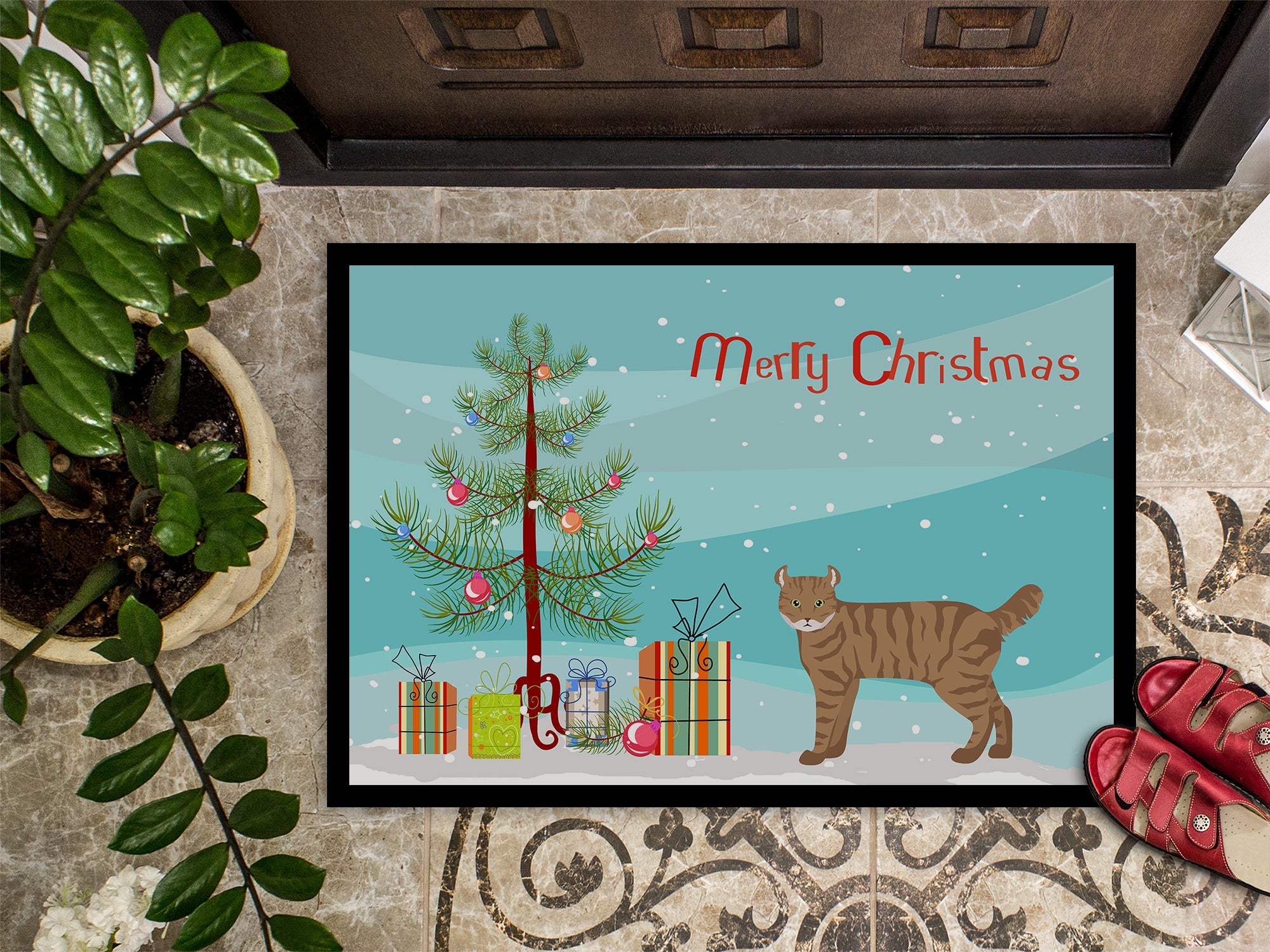 Highlander Lynx Cat Christmas Doormat Indoor Outdoor 18H X 27W Front Door Mat Rugs for Entryway, Non Slip Washable