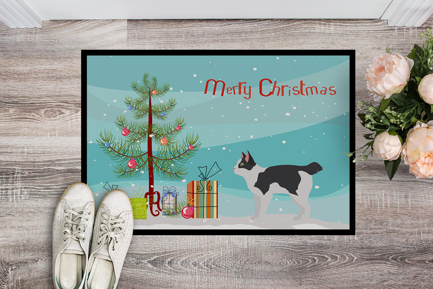 Japanese Bobtail Cat Christmas Doormat Indoor Outdoor 18H X 27W Front Door Mat Rugs for Entryway, Non Slip Washable