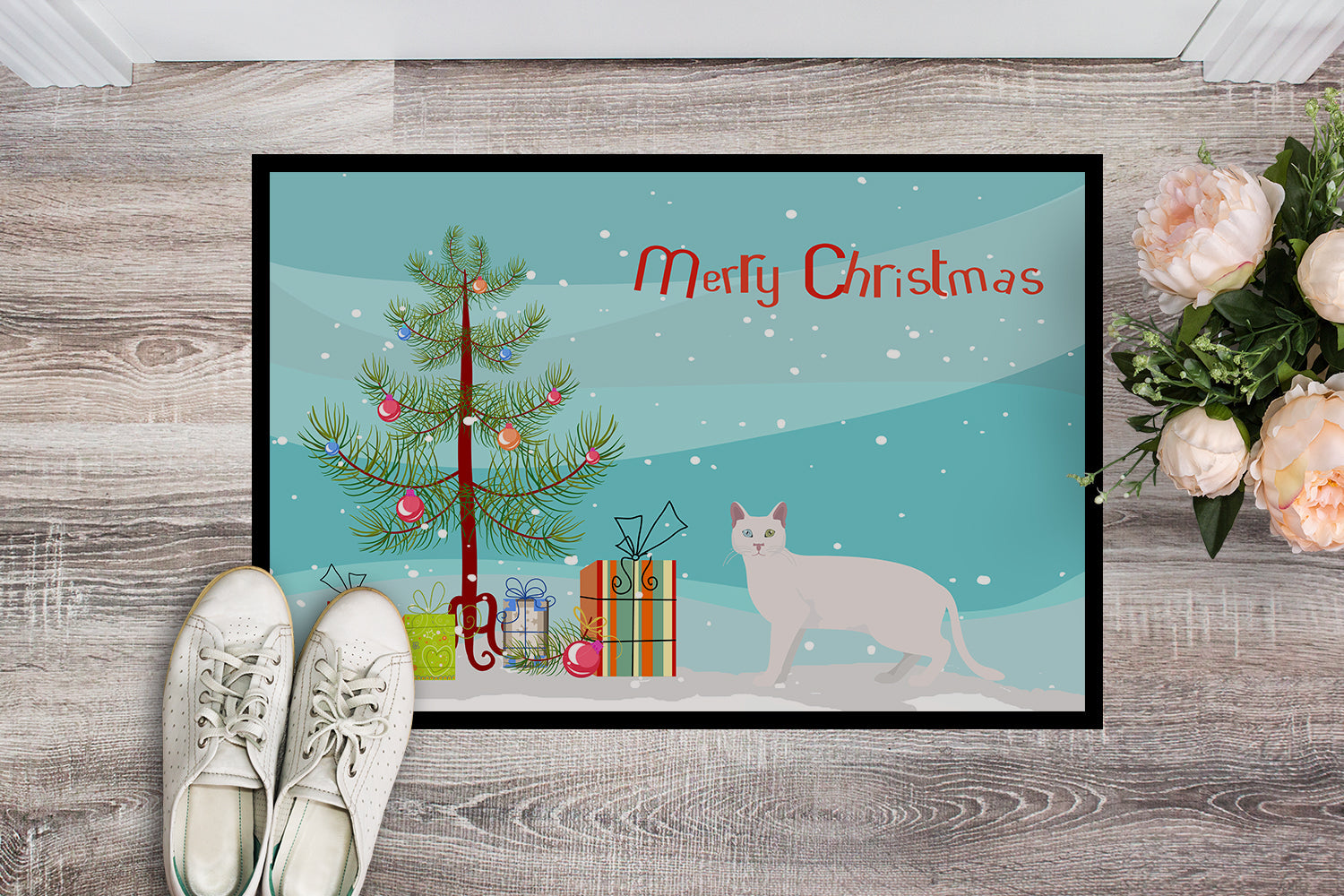 Khao Manee Cat Christmas Doormat Indoor Outdoor 18H X 27W Front Door Mat Rugs for Entryway, Non Slip Washable
