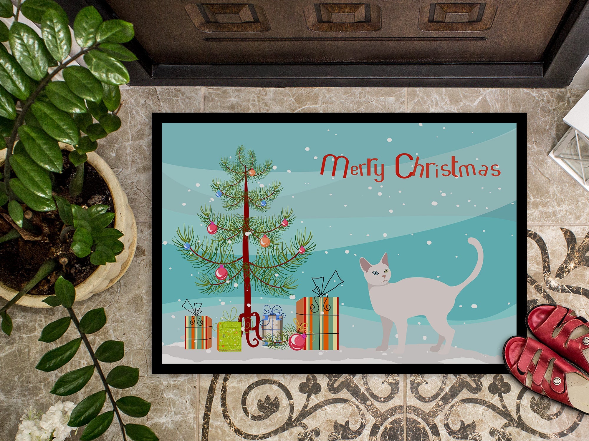 Khao Manee Cat Christmas Doormat Indoor Outdoor 24H X 36W Front Door Mat Rugs for Entryway, Non Slip Washable Low Pile,