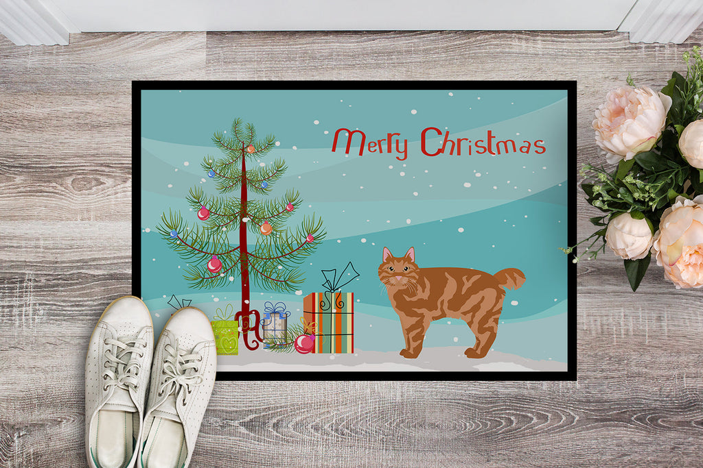 Kurilian Bobtail Cat Christmas Doormat Indoor Outdoor 24H X 36W Front Door Mat Rugs for Entryway, Non Slip Washable Low Pile,