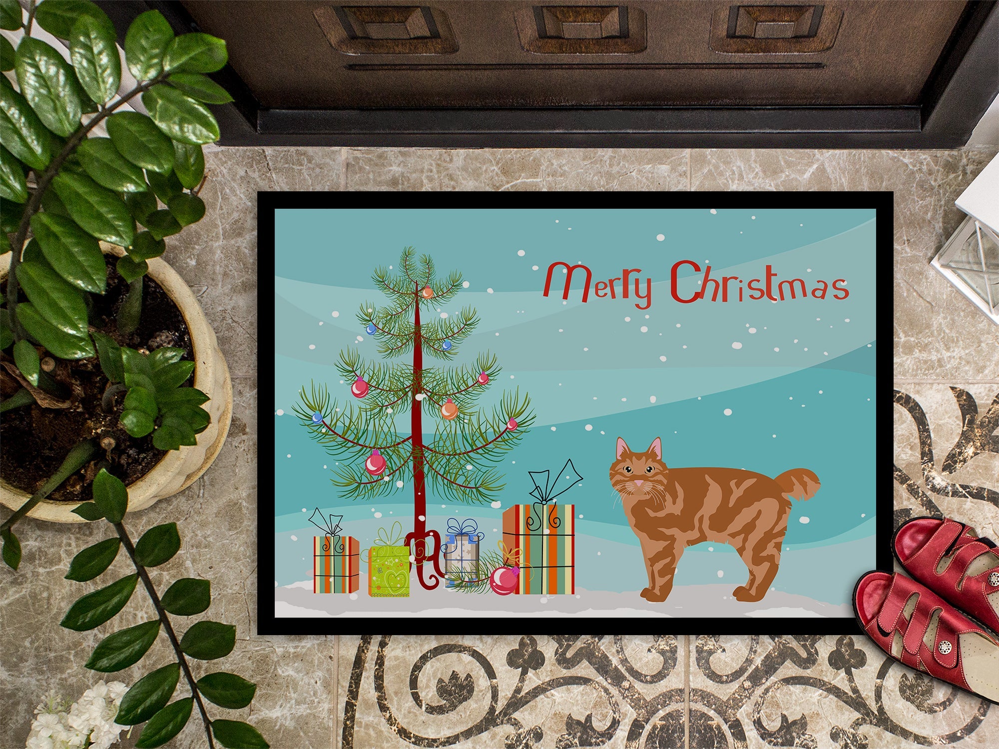 Kurilian Bobtail Cat Christmas Doormat Indoor Outdoor 24H X 36W Front Door Mat Rugs for Entryway, Non Slip Washable Low Pile,
