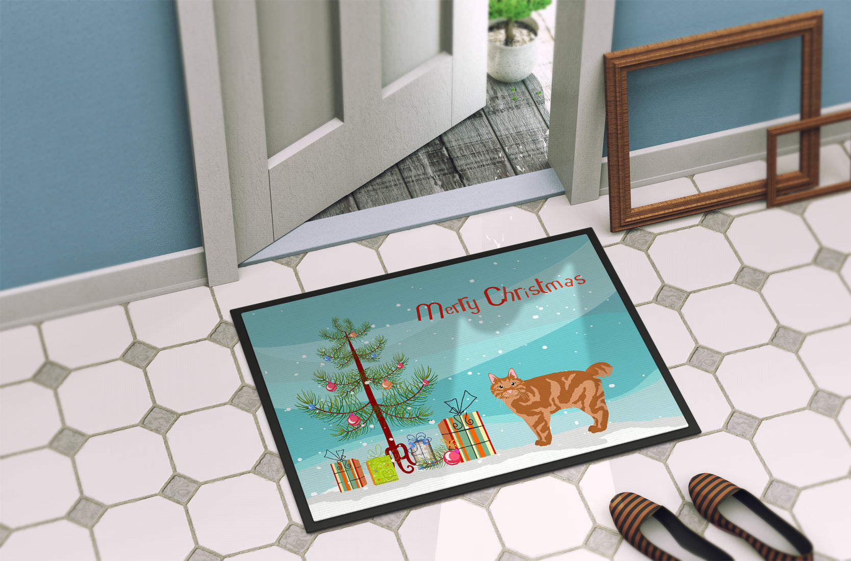 Kurilian Bobtail Cat Christmas Doormat Indoor Outdoor 24H X 36W Front Door Mat Rugs for Entryway, Non Slip Washable Low Pile,